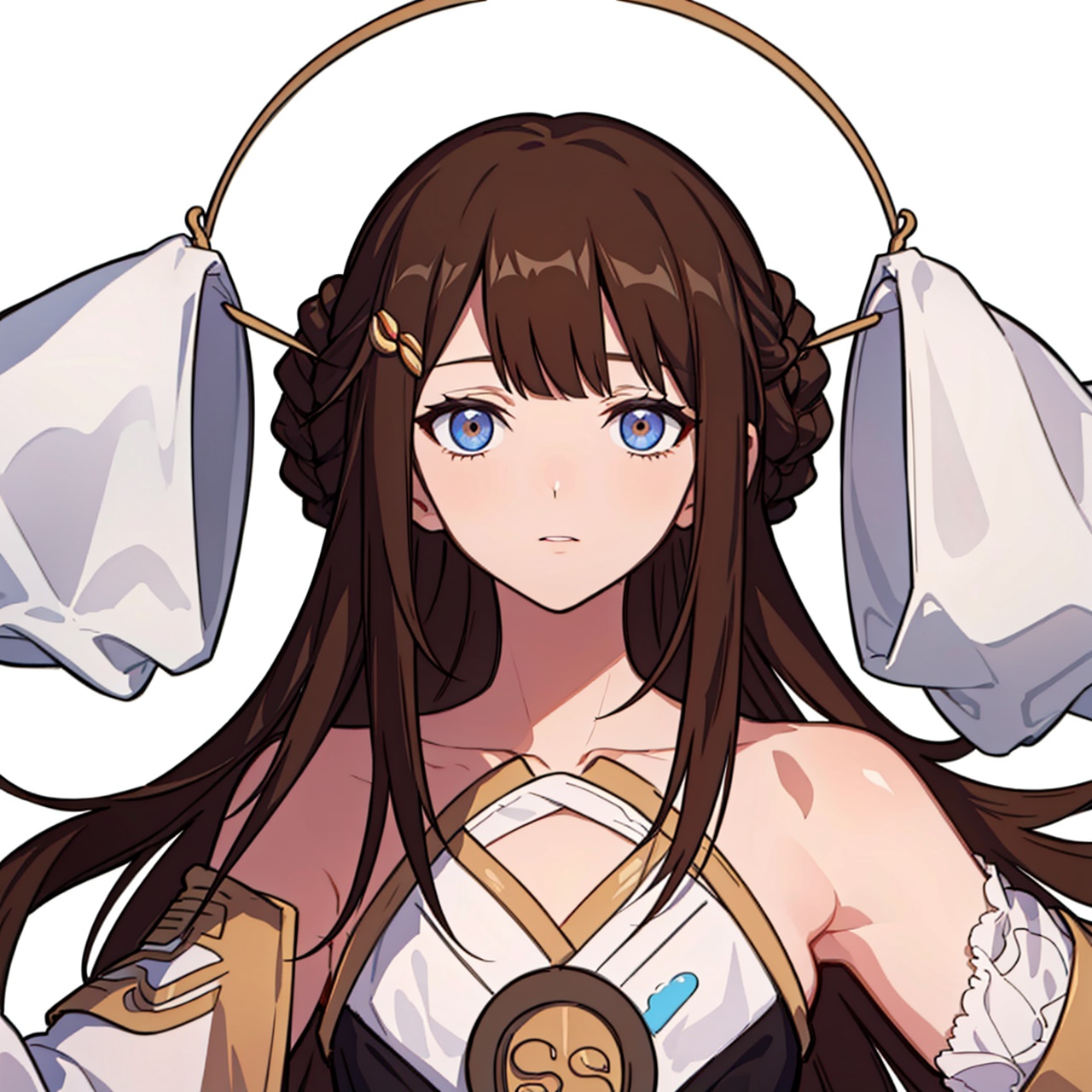  (masterpiece:1.3),(the best quality:1.2),(super fine illustrations:1.2),(Masterpiece),high quality,high detail,(white background:1.2),looking at viewer,(SOLO:1.4),outline,simple background,, off shoulder,hairclip,chinese clothes,sleeves past wrists,strapless dress,mole under eye,wide sleeves,blunt bangs,barefoot,hair ornament,hair bun,brown hair,detached sleeves,long hair,1girl,solo,
