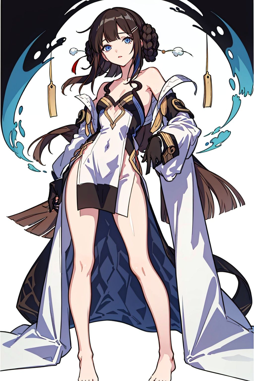 (masterpiece:1.3),(the best quality:1.2),(super fine illustrations:1.2),(Masterpiece),high quality,high detail,(white background:1.2),looking at viewer,(SOLO:1.4),outline,simple background,, off shoulder,hairclip,chinese clothes,sleeves past wrists,strapless dress,mole under eye,wide sleeves,blunt bangs,barefoot,hair ornament,hair bun,brown hair,detached sleeves,long hair,1girl,solo,