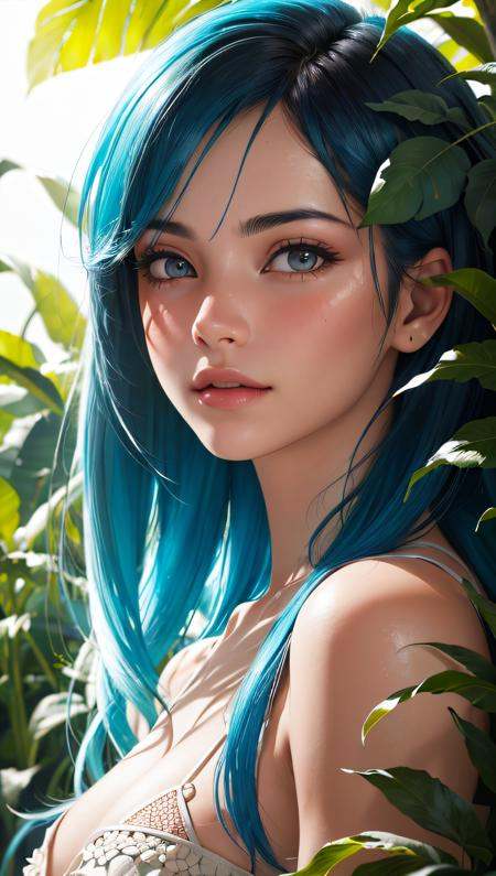 fashion photography portrait of indian girl with blue hair,  in lush jungle with flowers,  3d render on Tensor.Art