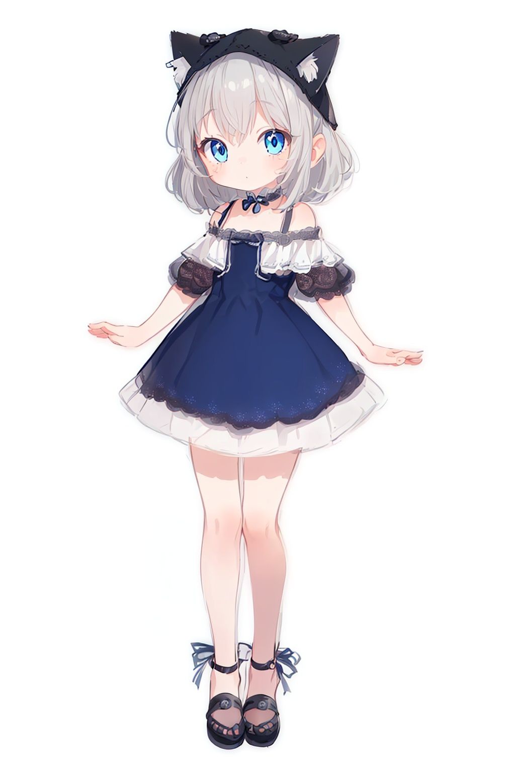 (Little girl: 1.3), (Catcap: 1.2), (masterpiece), exquisite visual effects, high definition, (ultra-detailed), fine detail, ((solo)), (medium hair), (gray hair), (blue gradual change), (beautiful detailed eyes), cute, off-the-shoulder, looking at the audience, standing, (((full body)), best quality,