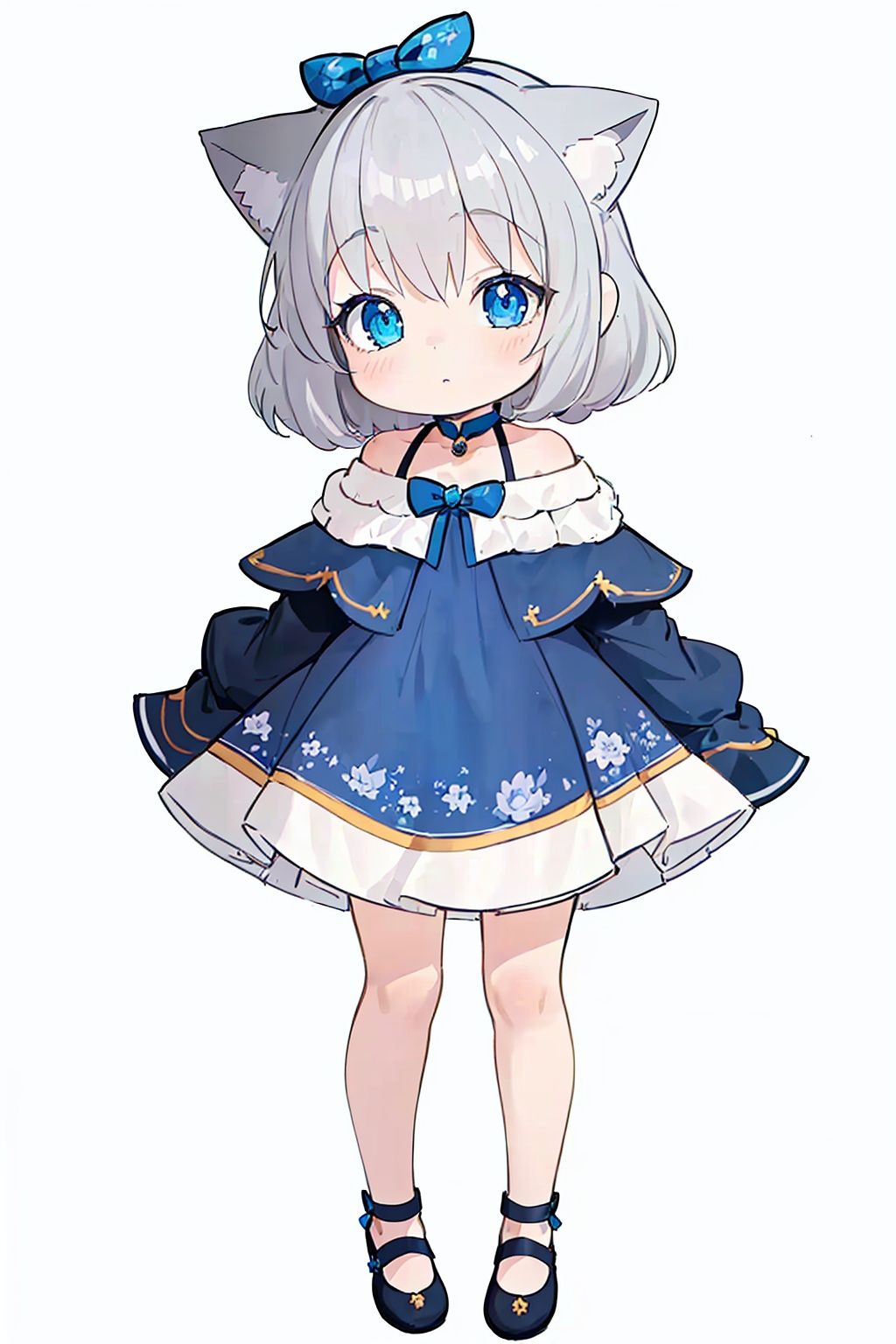 (Little girl: 1.3), (Catcap: 1.2), (masterpiece), exquisite visual effects, high definition, (ultra-detailed), fine detail, ((solo)), (medium hair), (gray hair), (blue gradual change), (beautiful detailed eyes), cute, off-the-shoulder, looking at the audience, standing, (((full body)), best quality,