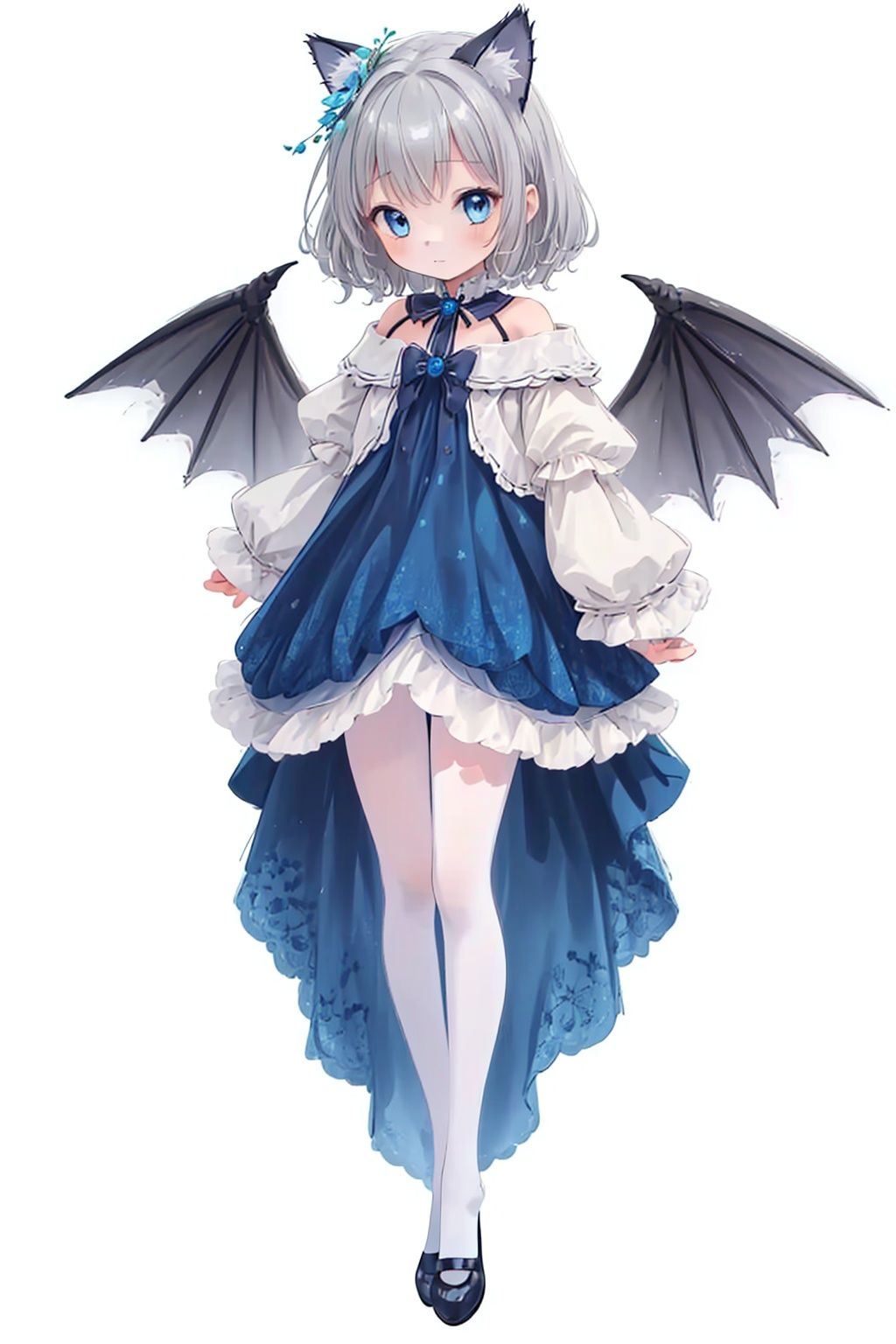 (Little girl: 1.3),Peacock wings, (Catcap: 1.2), (masterpiece), exquisite visual effects, high definition, (ultra-detailed), fine detail, ((solo)), (medium hair), (gray hair), (blue gradual change), (beautiful detailed eyes), cute, off-the-shoulder, looking at the audience, standing, (((full body)), best quality,