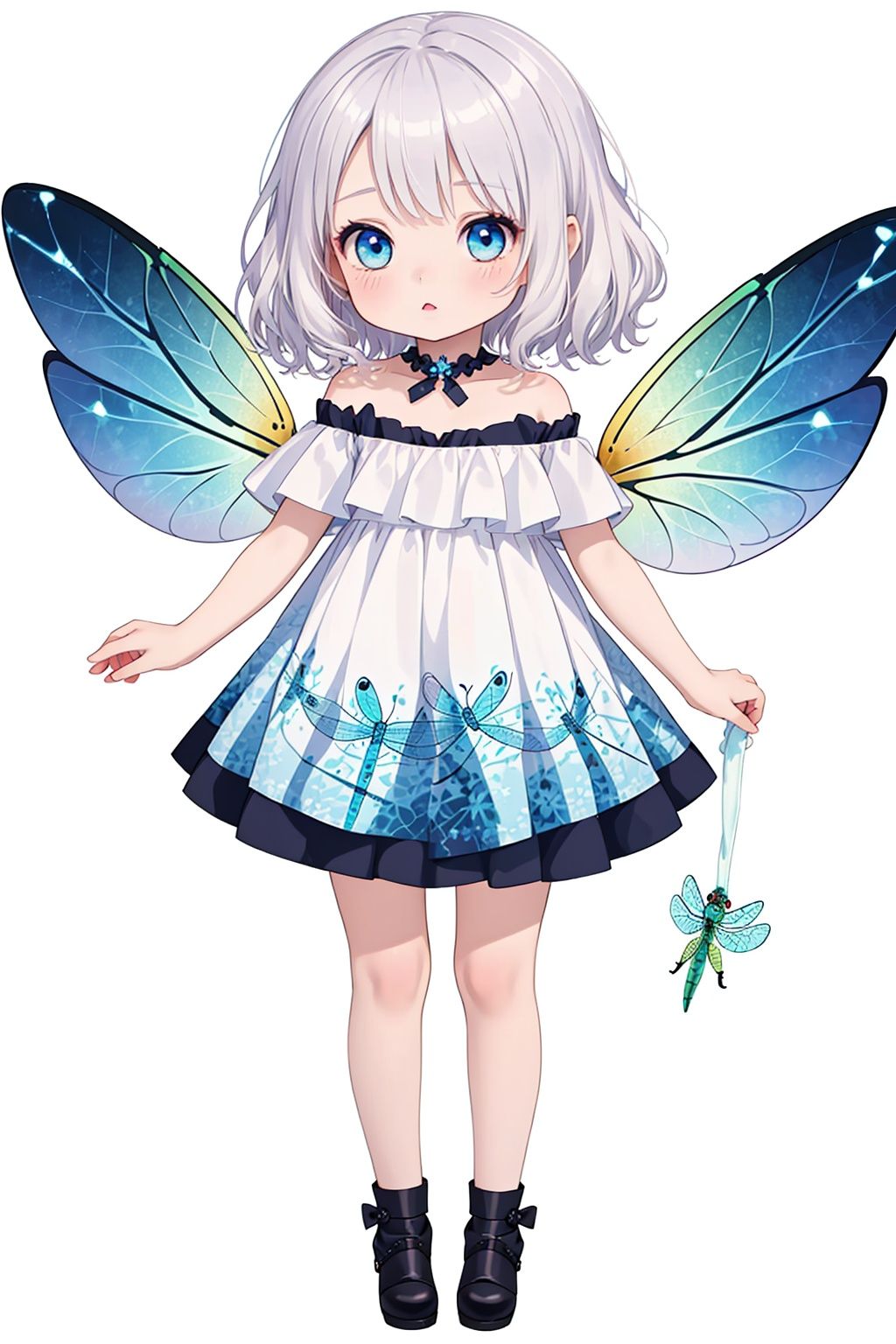 (little loli:1.3), (child:1.2), (Girlish body type), (masterpiece), Exquisite visuals, high-definition, (ultra detailed), finely detail, ((solo)), ((gawr gura)), (medium hair), (white Silver hair), (gradient Blue), (beautiful detailed eyes), Kawai, loveliness, off shoulder, looking at viewer, bare shoulders, standing, ((full body)), pale skin, Best Quality (Dragonfly Wings: 1.5)