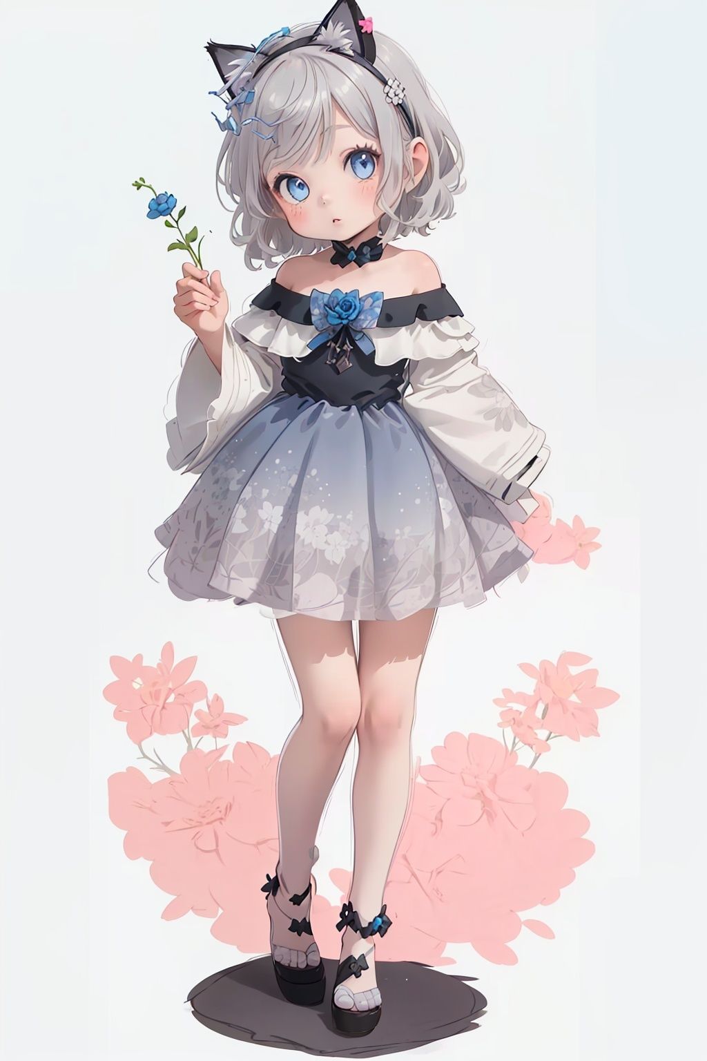 幼儿,(Little girl: 1.3), (Catcap: 1.2), (masterpiece), exquisite visual effects, high definition, (ultra-detailed), fine detail, ((solo)), (medium hair), (gray hair), (blue gradual change), (beautiful detailed eyes), cute, off-the-shoulder, looking at the audience, standing, (((full body)), best quality,