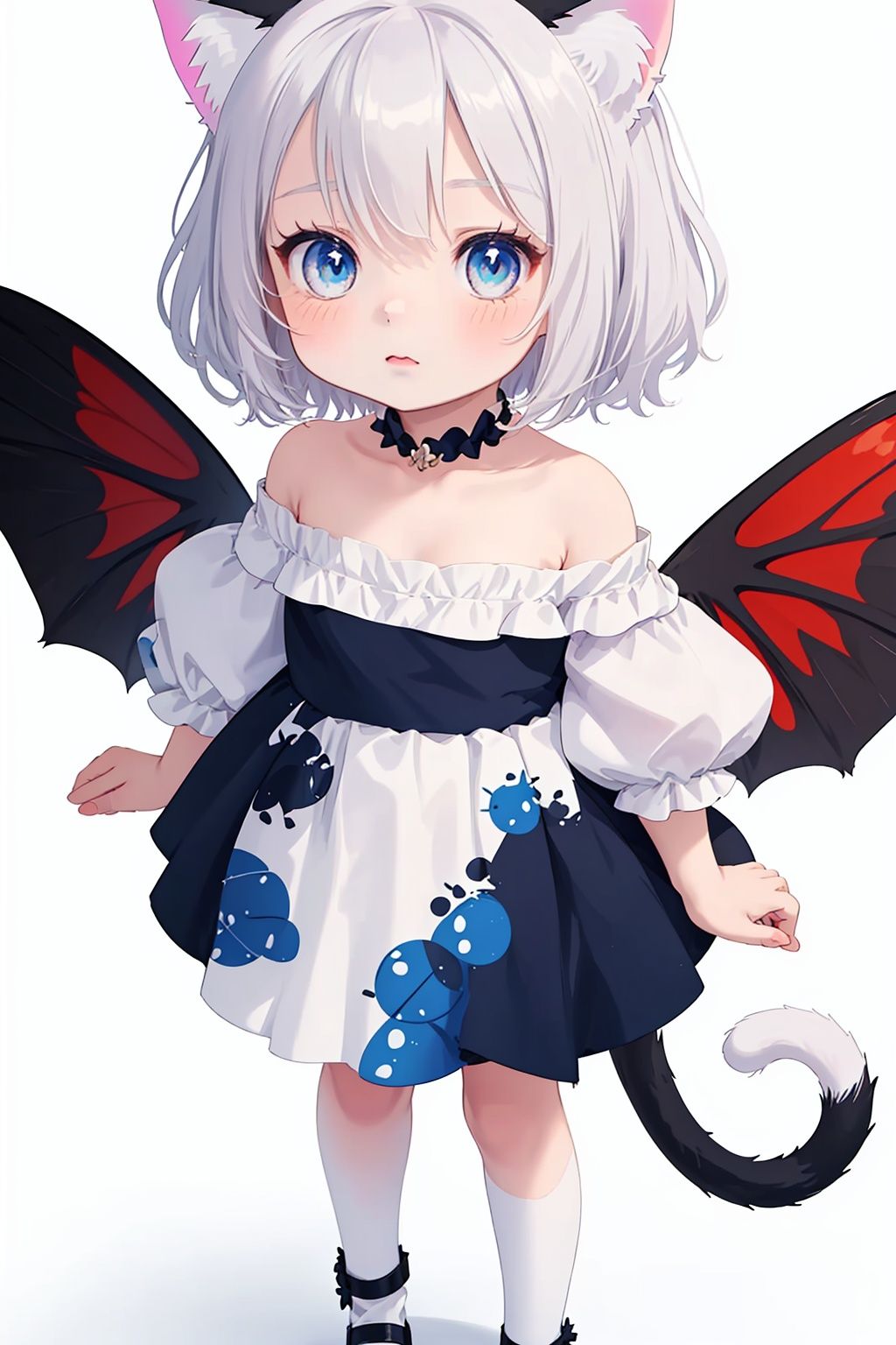 (little loli:1.3), (Cat ears: 1.2), (Cat Tail: 1.2), (Fluffy cat's claw: 1.5) (child:1.2), (Girlish body type), (masterpiece), Exquisite visuals, high-definition, (ultra detailed), finely detail, ((solo)), ((gawr gura)), (medium hair), (white Silver hair), (gradient Blue), (beautiful detailed eyes), Kawai, loveliness, off shoulder, looking at viewer, bare shoulders, standing, ((full body)), pale skin, Best Quality (Ladybird Wings: 2.5), (Cat Beard: 1.5)