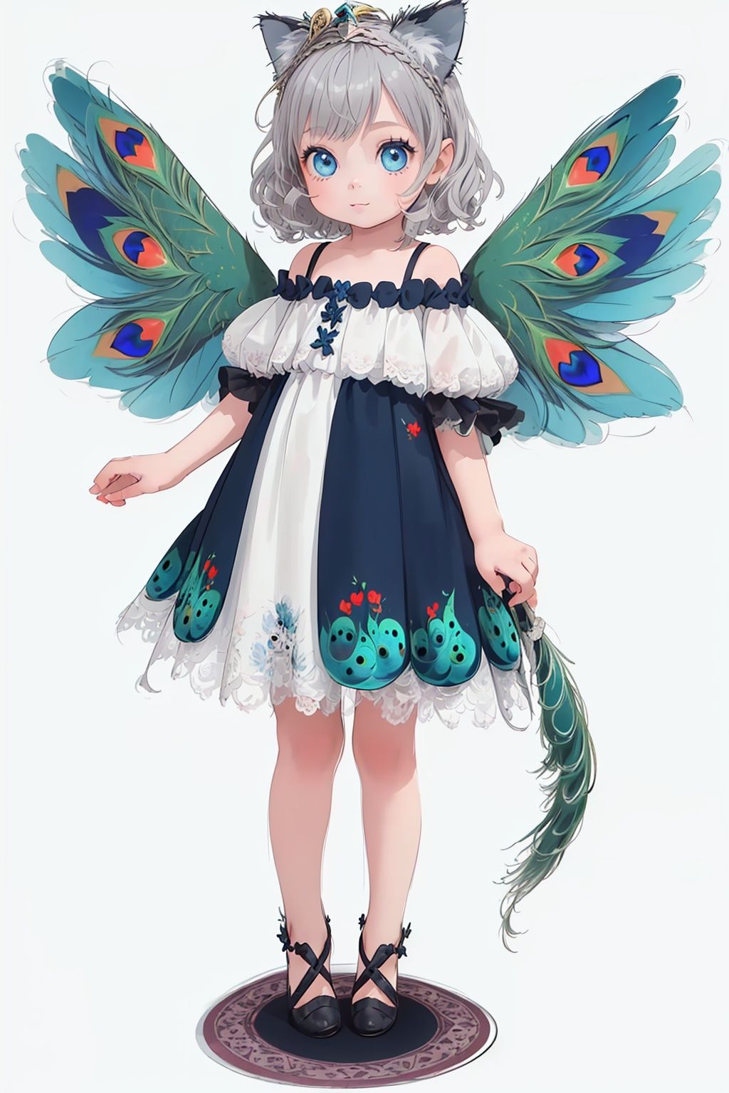(Little girl: 1.3),2-year-old baby,Peacock wings, (Catcap: 1.2), (masterpiece), exquisite visual effects, high definition, (ultra-detailed), fine detail, ((solo)), (medium hair), (gray hair), (blue gradual change), (beautiful detailed eyes), cute, off-the-shoulder, looking at the audience, standing, (((full body)), best quality,