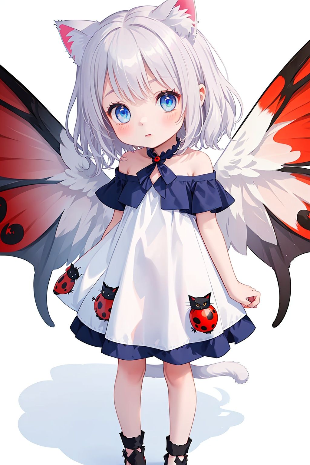 (little loli:1.3), (Cat ears: 1.2), (Cat Tail: 1.2), (Fluffy cat's claw: 1.5) (child:1.2), (Girlish body type), (masterpiece), Exquisite visuals, high-definition, (ultra detailed), finely detail, ((solo)), ((gawr gura)), (medium hair), (white Silver hair), (gradient Blue), (beautiful detailed eyes), Kawai, loveliness, off shoulder, looking at viewer, bare shoulders, standing, ((full body)), pale skin, Best Quality (Ladybug Wings: 1.5), (Cat Beard: 2.0)