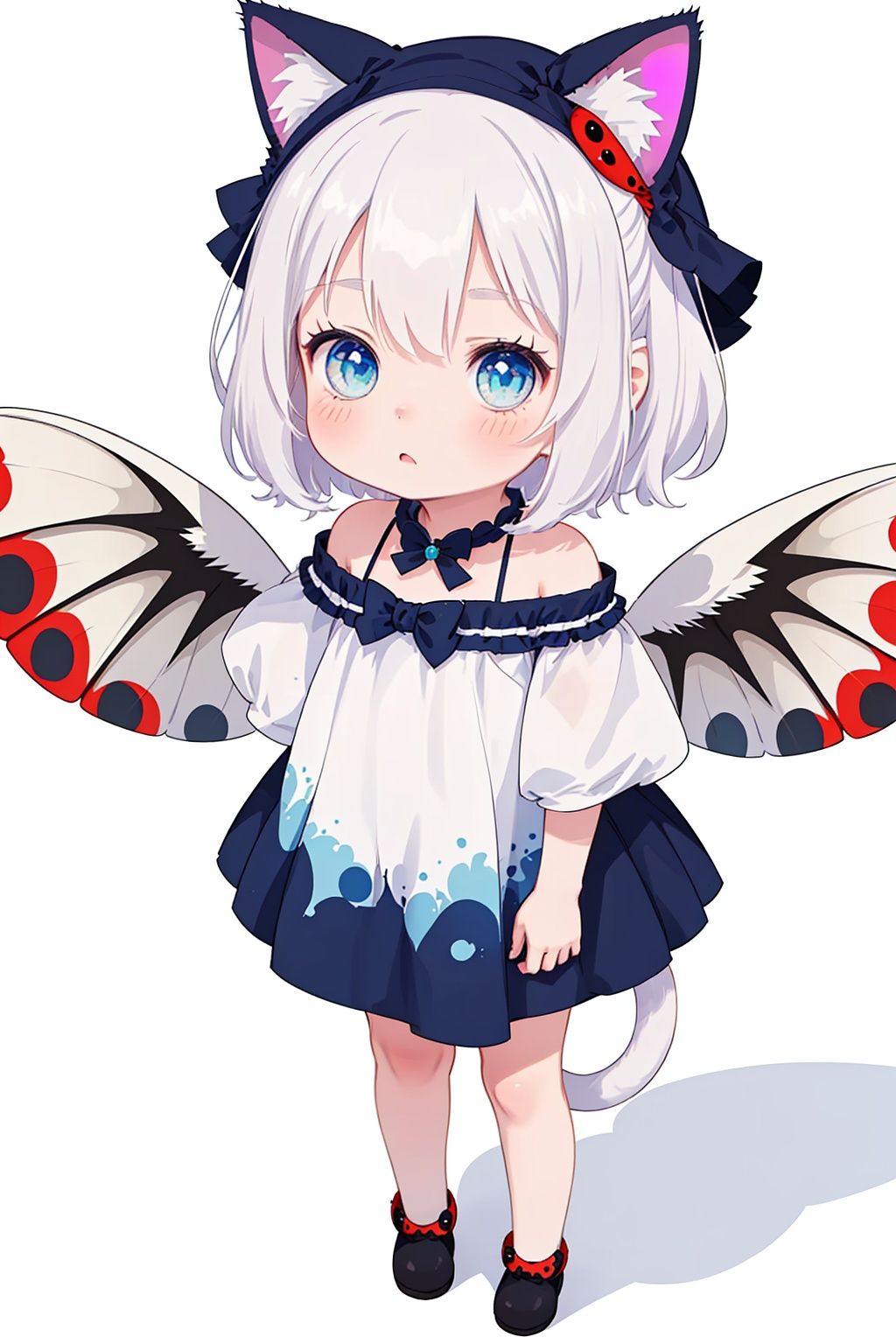 (little loli:1.3), (Cat head hat: 1.2), (Cat Tail: 1.2), (Fluffy cat's claw: 1.5) (child:1.2), (Girlish body type), (masterpiece), Exquisite visuals, high-definition, (ultra detailed), finely detail, ((solo)), ((gawr gura)), (medium hair), (white Silver hair), (gradient Blue), (beautiful detailed eyes), Kawai, loveliness, off shoulder, looking at viewer, bare shoulders, standing, ((full body)), pale skin, Best Quality (Ladybird Wings: 2.5), (Cat Beard: 1.5)