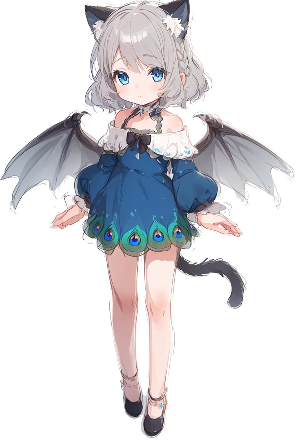 (Little girl: 1.3),Peacock wings, (Catcap: 1.2), (masterpiece), exquisite visual effects, high definition, (ultra-detailed), fine detail, ((solo)), (medium hair), (gray hair), (blue gradual change), (beautiful detailed eyes), cute, off-the-shoulder, looking at the audience, standing, (((full body)), best quality,