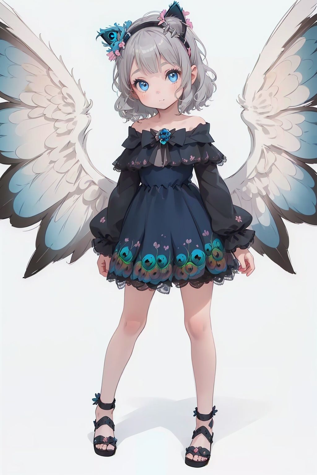 (Little girl: 1.3),Peacock wings, (Catcap: 1.2), (masterpiece), exquisite visual effects, high definition, (ultra-detailed), fine detail, ((solo)), (medium hair), (gray hair), (blue gradual change), (beautiful detailed eyes), cute, off-the-shoulder, looking at the audience, standing, (((full body)), best quality,