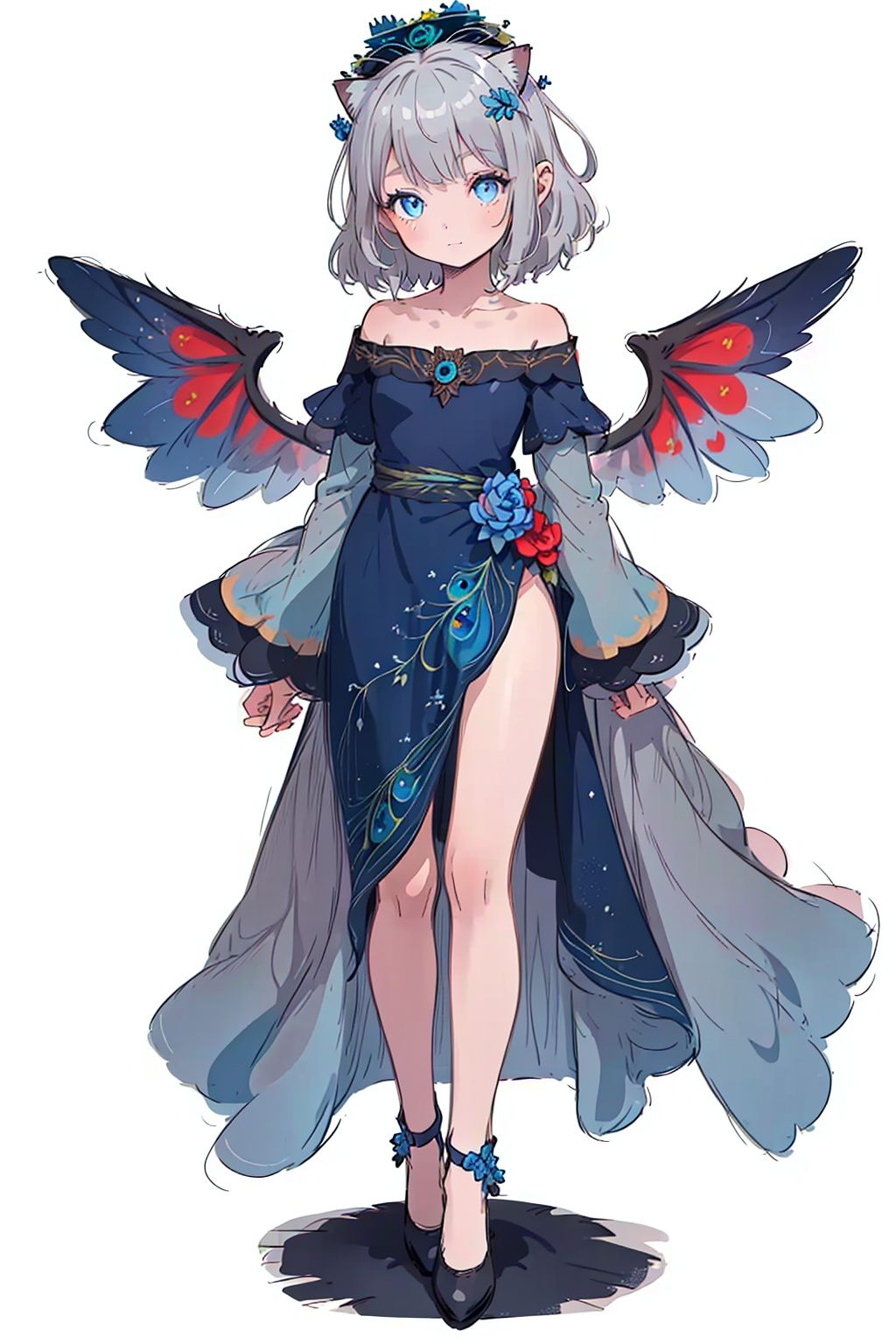 (Little girl: 1.3),Peacock wings, (Catcap: 1.2), (masterpiece), exquisite visual effects, high definition, (ultra-detailed), fine detail, ((solo)), (medium hair), (gray hair), (blue gradual change), (beautiful detailed eyes), cute, off-the-shoulder, looking at the audience, standing, (((full body)), best quality,