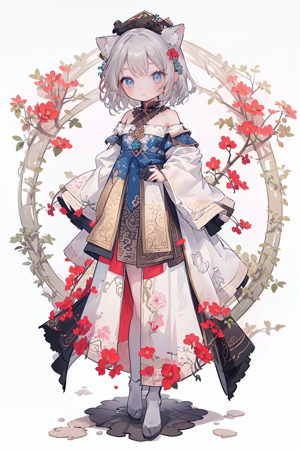 (Little girl: 1.3), (Catcap: 1.2), (masterpiece), exquisite visual effects, high definition, (ultra-detailed), fine detail, ((solo)), (medium hair), (gray hair), (blue gradual change), (beautiful detailed eyes), cute, off-the-shoulder, looking at the audience, standing, (((full body)), best quality,guochao,jzcg036,Daofa Rune