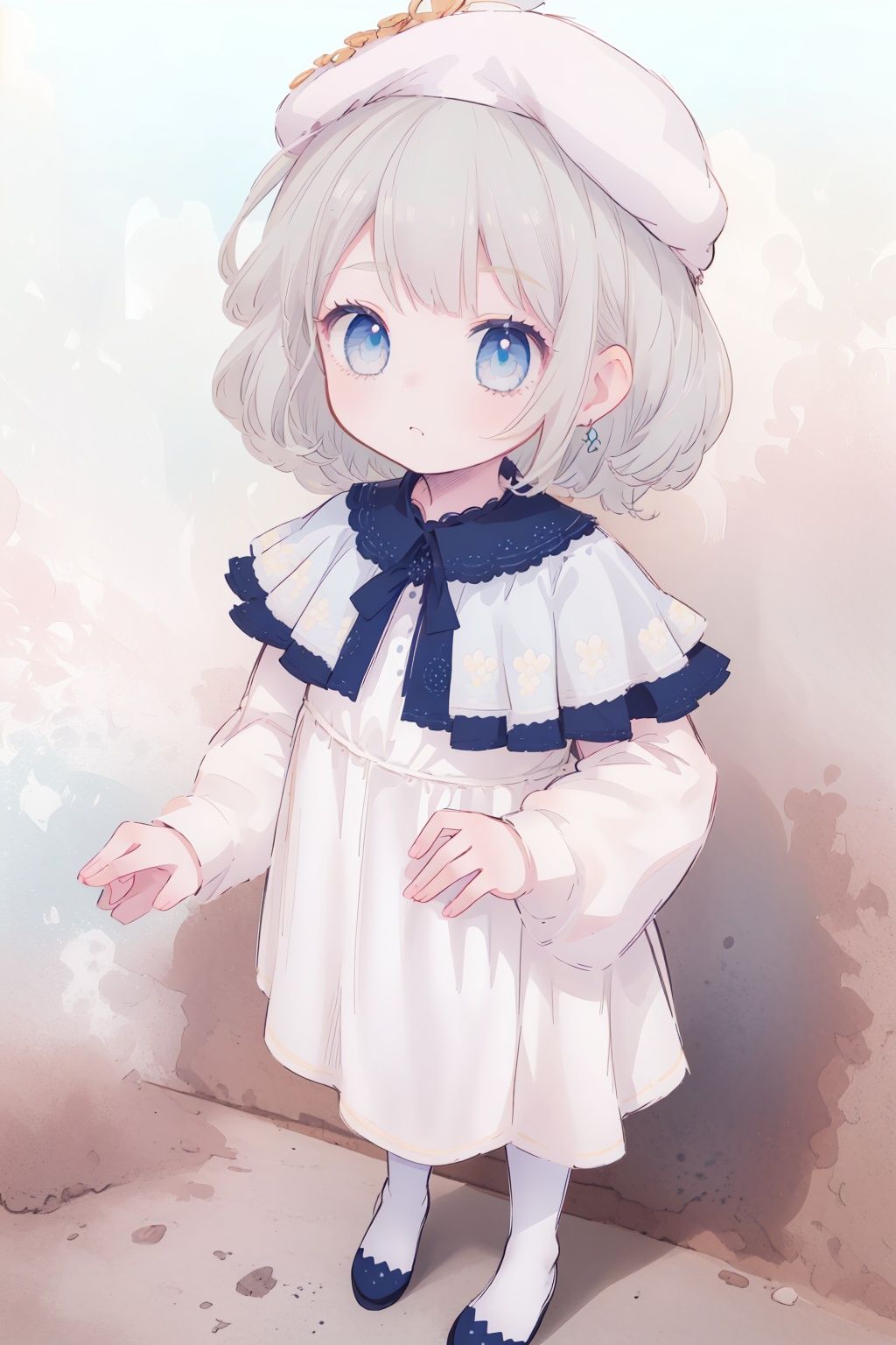 (Little girl: 1.3), (Catcap: 1.2), (masterpiece), exquisite visual effects, high definition, (ultra-detailed), fine detail, ((solo)), (medium hair), (gray hair), (blue gradual change), (beautiful detailed eyes), cute, off-the-shoulder, looking at the audience, standing, (((full body)), best quality,