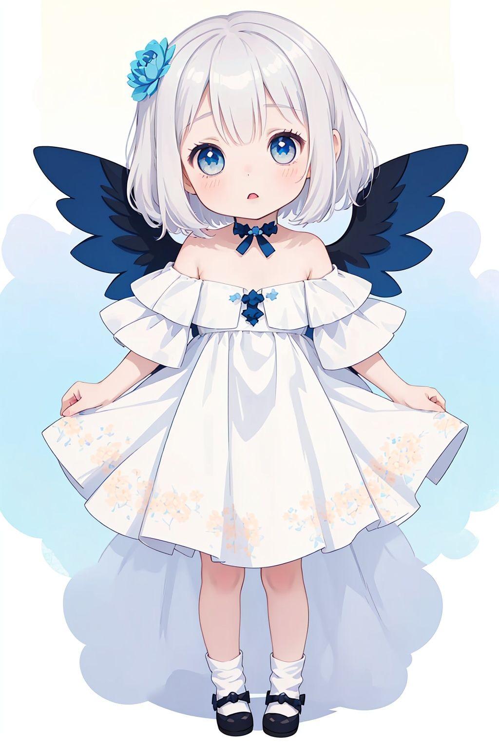 (little loli:1.3), (child:1.2), (Girlish body type), (masterpiece), (best quality), Exquisite visuals, high-definition, (ultra detailed), finely detail, ((solo)), ((gawr gura)), (medium hair), (white Silver hair), (gradient Blue), (beautiful detailed eyes), Kawai, loveliness, off shoulder, looking at viewer, bare shoulders, standing, ((full body)),pale skin