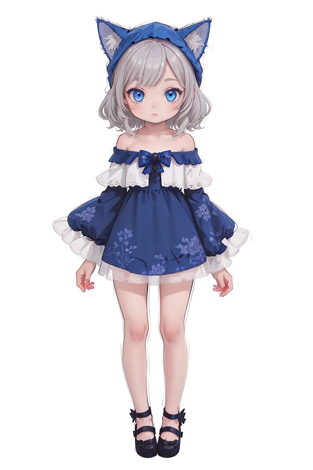 (Little girl: 1.3), (Catcap: 1.2), (masterpiece), exquisite visual effects, high definition, (ultra-detailed), fine detail, ((solo)), (medium hair), (gray hair), (blue gradual change), (beautiful detailed eyes), cute, off-the-shoulder, looking at the audience, standing, (((full body)), best quality,