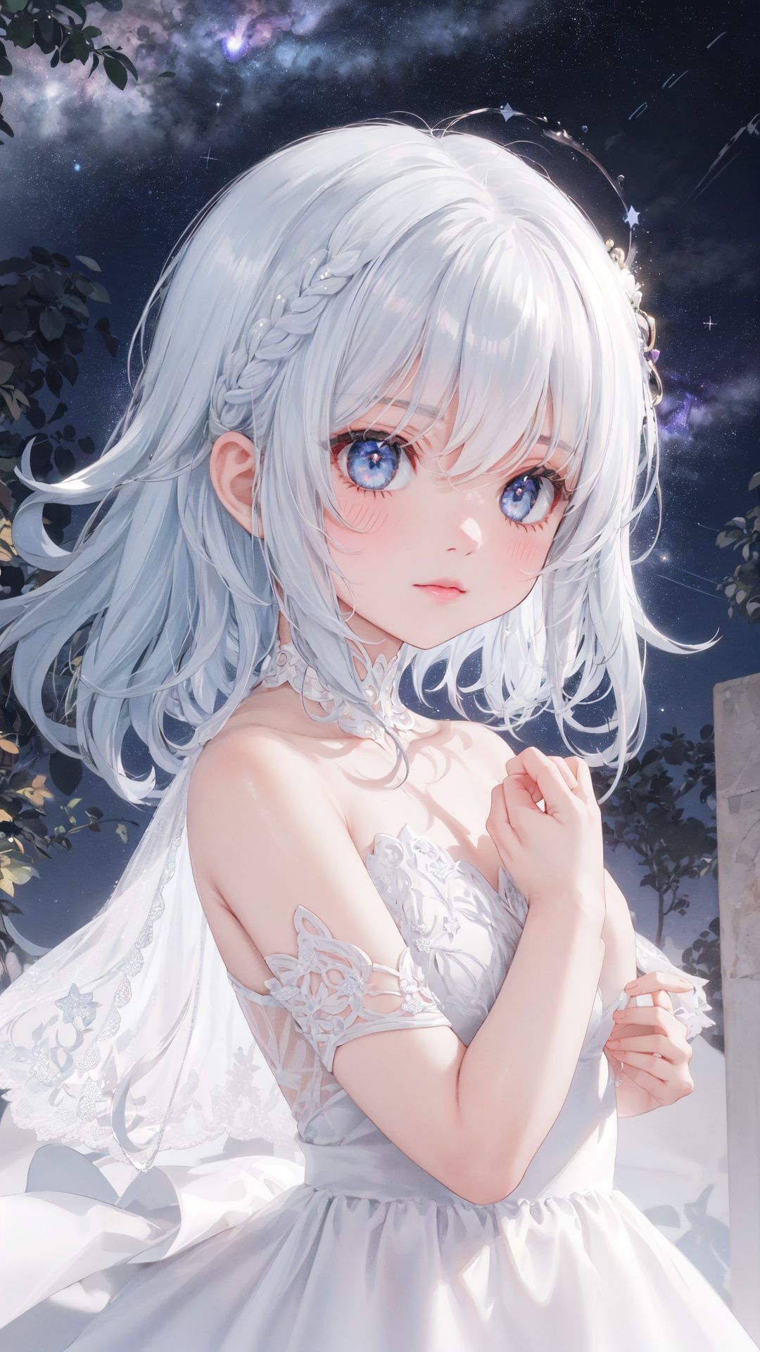 masterpiece, best quality,highres, 1girl, long_white_hair, stars in the eyes, see_through, (((glistening light))), (Luminous), detailed shadow, meteor, stars, galaxy, nebula, stars in white dress, messy floating hair, colored inner hair, Starry sky adorns hair, chiffon, tullece, , fanxing, white theme