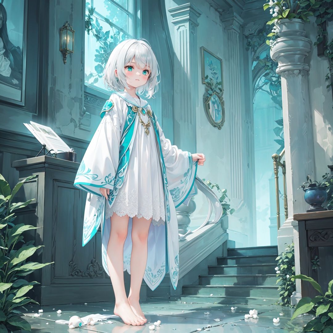 dark,dark,(((green, silver, glimmer)), limited palette, contrast, phenomenal aesthetic, best quality, sumptuous artwork, (masterpiece), (best quality), (ultra-detailed), (((illustration))), ((an extremely delicate and beautiful)), (detailed light),

dark,lily of the valley,(((lily of the valley))),vines,forest, ruins, Blurred picture, lens flare, hdr,Tyndall effect,


1girl, cold theme, broken glass, broken wall, aqua theme, white hair, blinking, white dress, closed mouth, constel lation, flat color, noline art, white hair, braid, blinking, white robe, bust \(sculpture\), barefoot, float, closed mouth, constel lation, flat color, looking up, standing, male focus, medium hair, standing, solo         