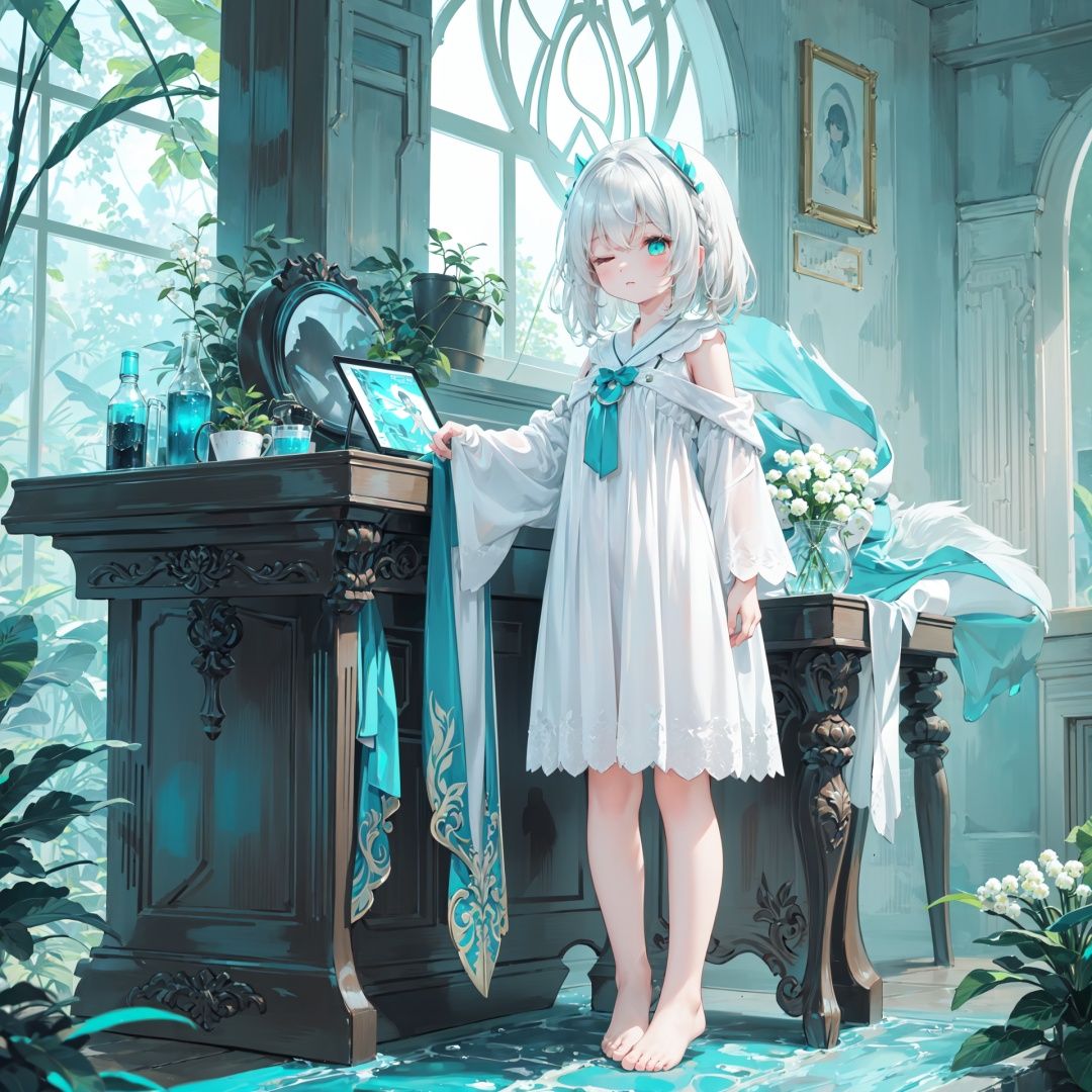 dark,dark,(((green, silver, glimmer)), limited palette, contrast, phenomenal aesthetic, best quality, sumptuous artwork, (masterpiece), (best quality), (ultra-detailed), (((illustration))), ((an extremely delicate and beautiful)), (detailed light),

dark,lily of the valley,(((lily of the valley))),vines,forest, ruins, Blurred picture, lens flare, hdr,Tyndall effect,


1girl, cold theme, broken glass, broken wall, aqua theme, white hair, blinking, white dress, closed mouth, constel lation, flat color, noline art, white hair, braid, blinking, white robe, bust \(sculpture\), barefoot, float, closed mouth, constel lation, flat color, looking up, standing, male focus, medium hair, standing, solo         