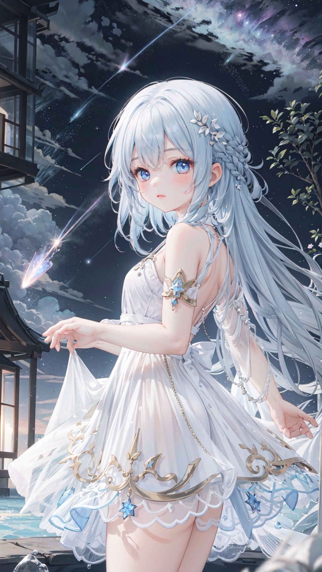 masterpiece, best quality,highres, 1girl, long_white_hair, stars in the eyes, see_through, (((glistening light))), (Luminous), detailed shadow, meteor, stars, galaxy, nebula, stars in white dress, messy floating hair, colored inner hair, Starry sky adorns hair, chiffon, tullece, , fanxing, white theme,fanxing
