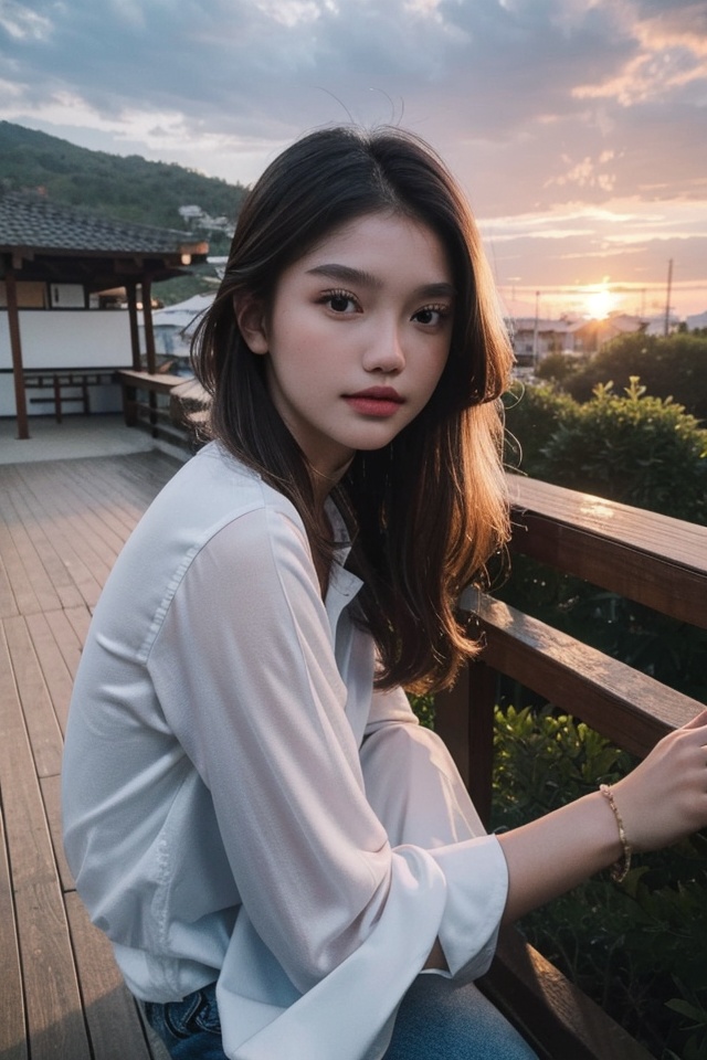 1Beautiful girl,  highly detailed,  High-definition raw color photos,  professional photograpy,  Realistic portrait,  teenager,  Outdoors,  beautiful sunset, 
,littlesshine,kienzy_mylien02,chndrika