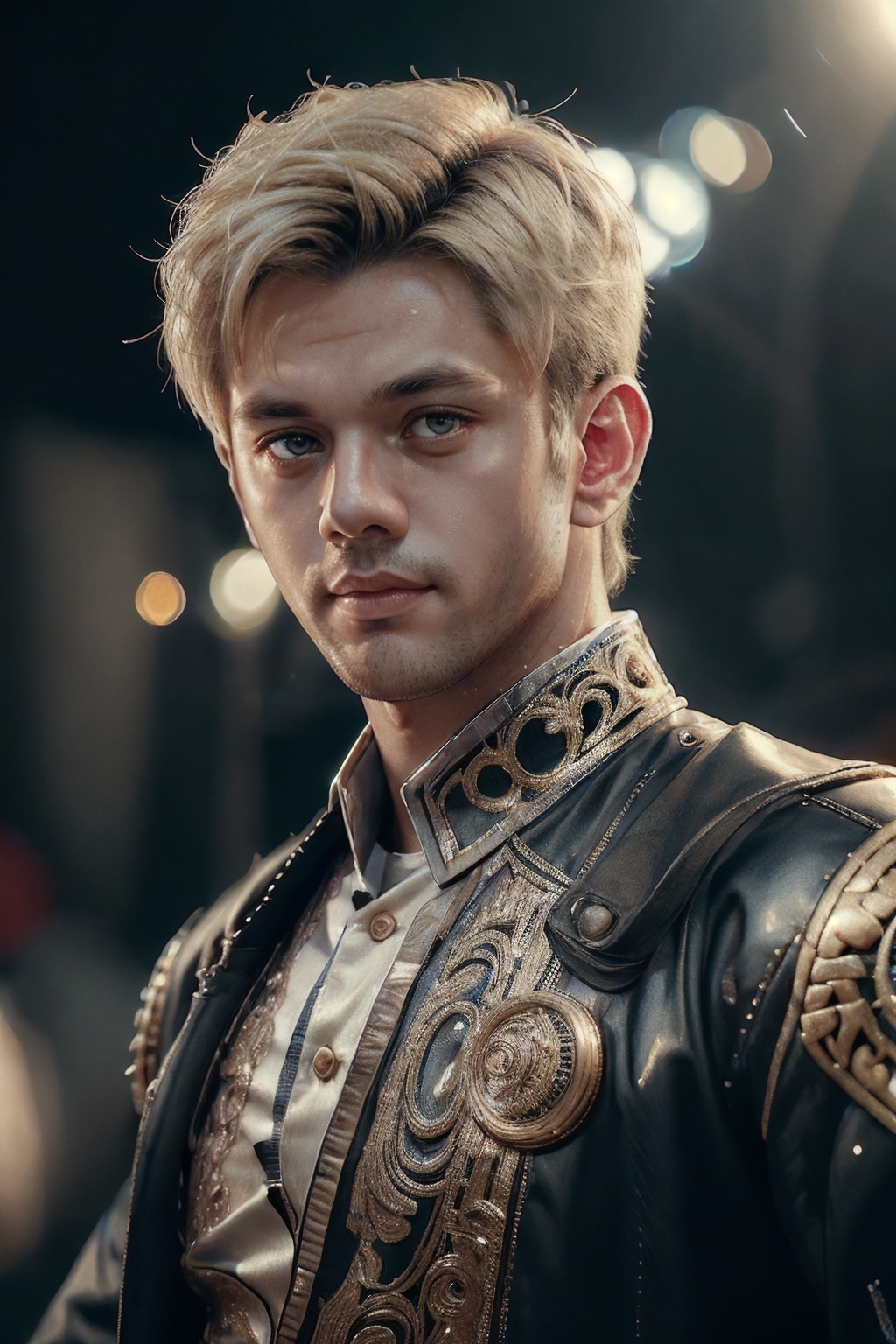 cinematic photo 16k, UHD, HDR10, 16K, ((Masterpiece)) , Absurdres, Cute Expression, masterpiece intricate hyperdetailed best quality, beautiful detailed face, beautiful eyes, high contrast, shiny skin, soft lighting, backlighting, bloom, light sparkles, chromatic aberration, sharp focus, attractive, flirting, looking at viewer, portrait, photography, detailed skin, realistic, photo-realistic, 8k, highly detailed, full length frame, High detail RAW color art, diffused soft lighting, sharp focus, 1 male, uniform, hugo boss, male, short hair, defined jawline, blonde hair, masculine, handsome, muscles,,  <lora:3k0-02:1> . 35mm photograph, film, bokeh, professional, 4k, highly detailed