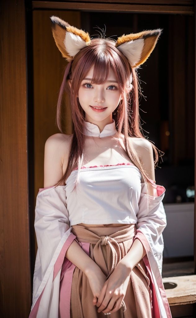 bachongshenzi, 1girl, , solo, purple eyes, pink hair, animal ears, bare shoulders, fox ears, heart, , long hair, , hair between eyes, japanese clothes, smile, looking at viewer, open mouth, jewelry, bangs, detached sleeves, earrings, solo