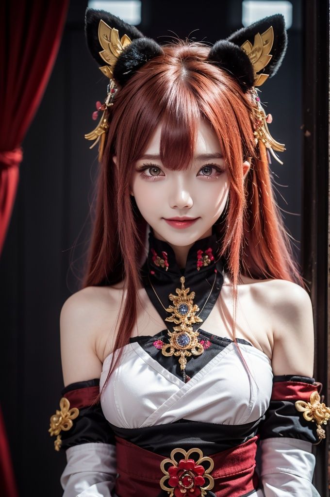 (Good anatomical structure),(solo),bachongshenzi, (1girl), yae miko, solo, pink hair, purple eyes, long hair, looking at viewer, hair between eyes, jewelry, animal ears, japanese clothes, fox ears, upper body, bare shoulders, bangs, detached sleeves, earrings, closed mouth, smile, hair ornament,