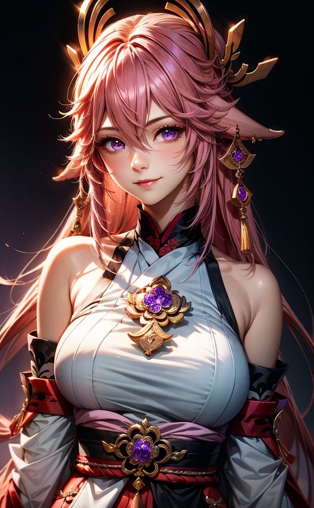 bachongshenzi, 1girl, yae miko, solo, pink hair, purple eyes, long hair, looking at viewer, hair between eyes, jewelry, animal ears, japanese clothes, fox ears, upper body, breasts, bare shoulders, bangs, detached sleeves, earrings, closed mouth, simple background, smile, hair ornament