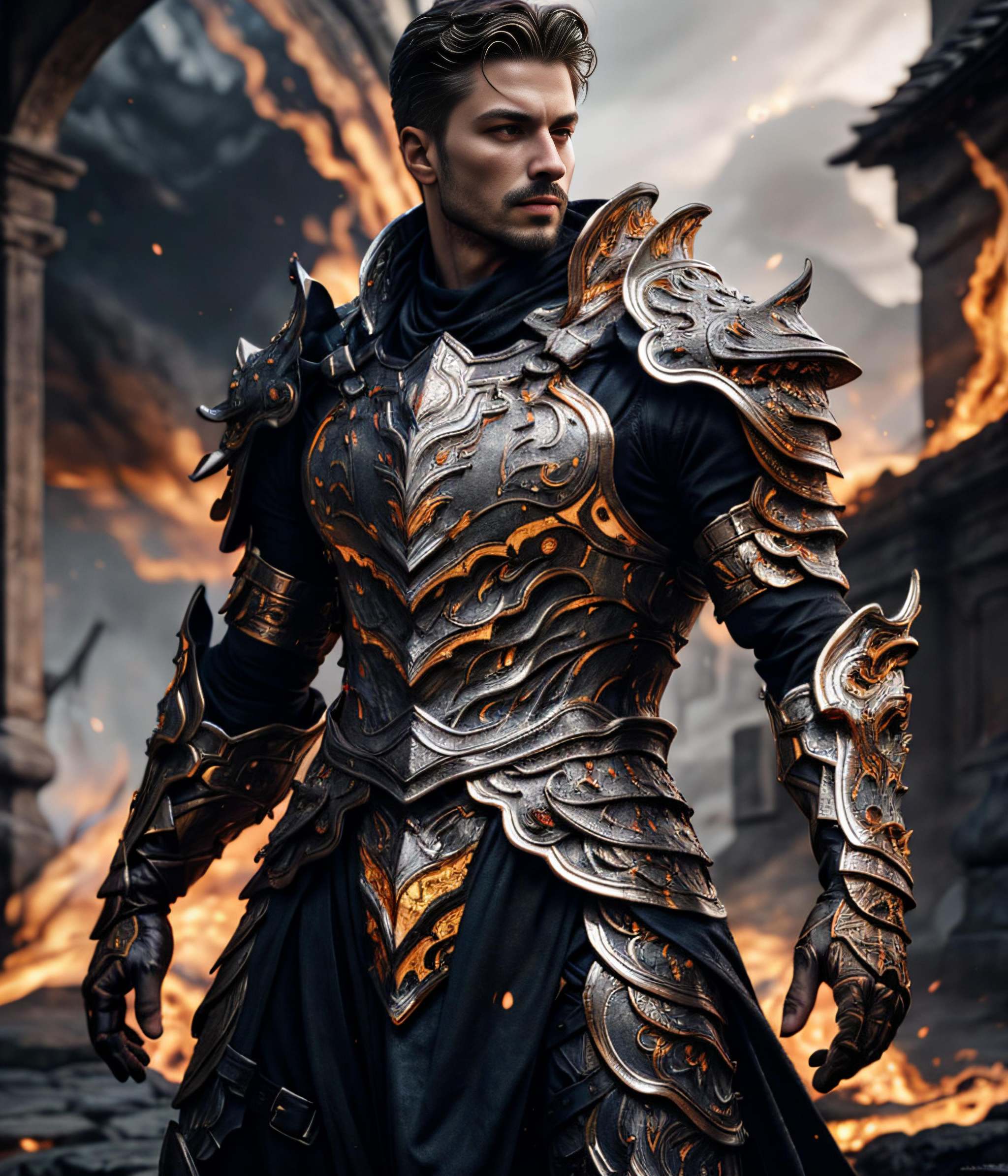 Realistic detailed photograph (italian man),  emb3r4rmor,  wearing embers knight armor on Tensor.Art
