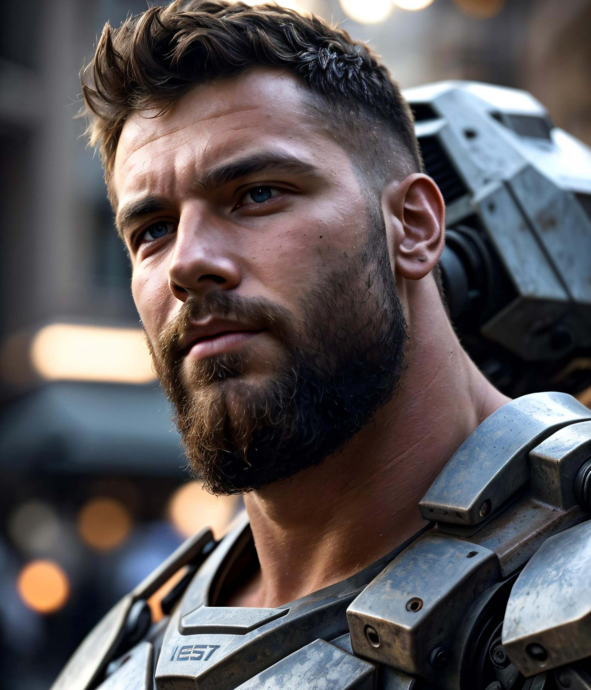 close up Portrait photo of muscular bearded guy in a worn mech suit,  ((light bokeh)),  intricate on Tensor.Art