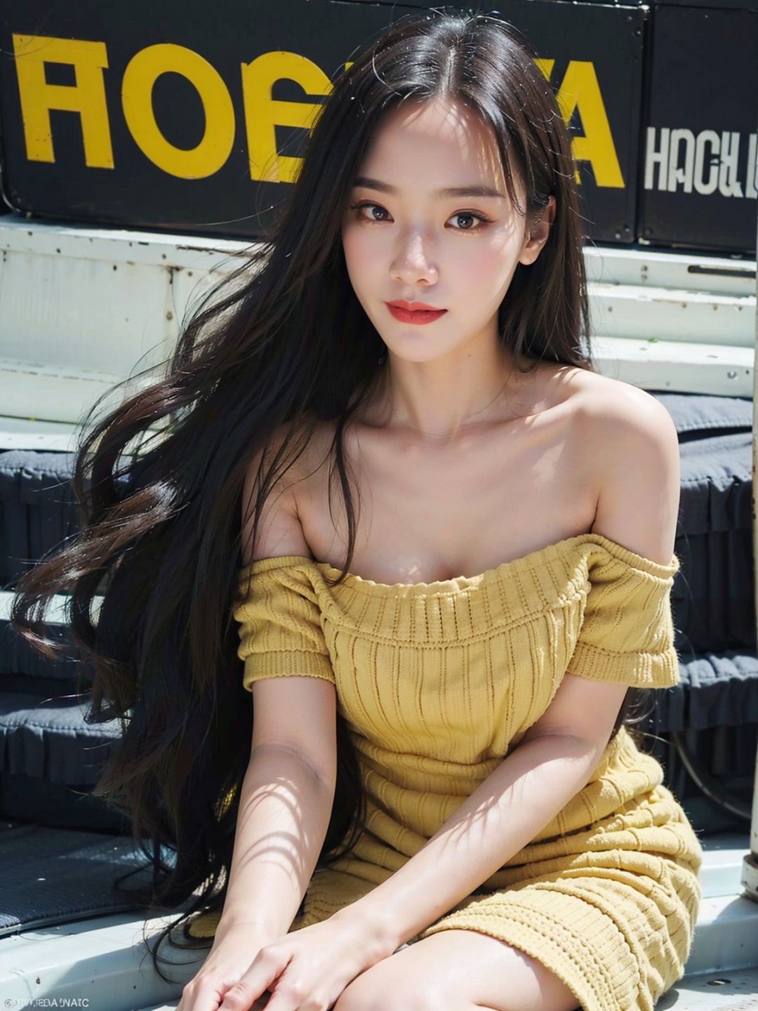 Trendy person, off shoulder, stockings, jelly texture, flowing hair, best quality, highest resolution, Dingdall effect, (exquisite facial details), yellow floral dress, sitting on the beach, ultra clear, detail portrayal, long legs, smooth skin, cinematic texture, best quality, fashionable and cool, magazine cover, fashion, bright colors, ((layering, space, advanced composition)), flowing long hair, Standing, brilliant colors, high saturation, light smile