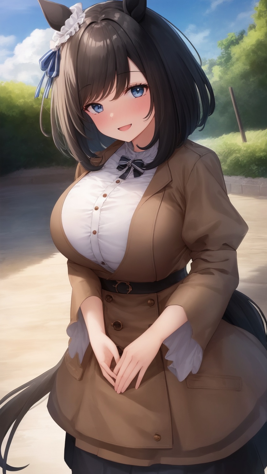 masterpiece, Best Quality, anime colours, Game CG, Official art, High quality, Best Quality, extremely detailed eye, extra detailed body, extremely detailed fingers, Diagonal composition,  standing,  swiwwming pool, bob cut, outdoor,Horse tail, (smile, nose blush), huge breasts, *****, 1girl, hair ornament, ear ribbon, white scrunchie, wide sleeves, long sleeves, brown jacket, open clothes, open jacket, sash, buttons, black dress,