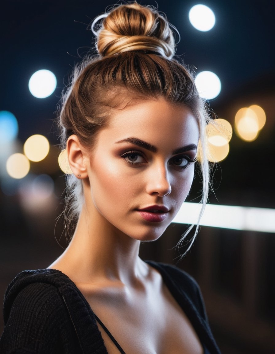 photo of a gorgeous girl,  messy bun hair,  nighttime on Tensor.Art