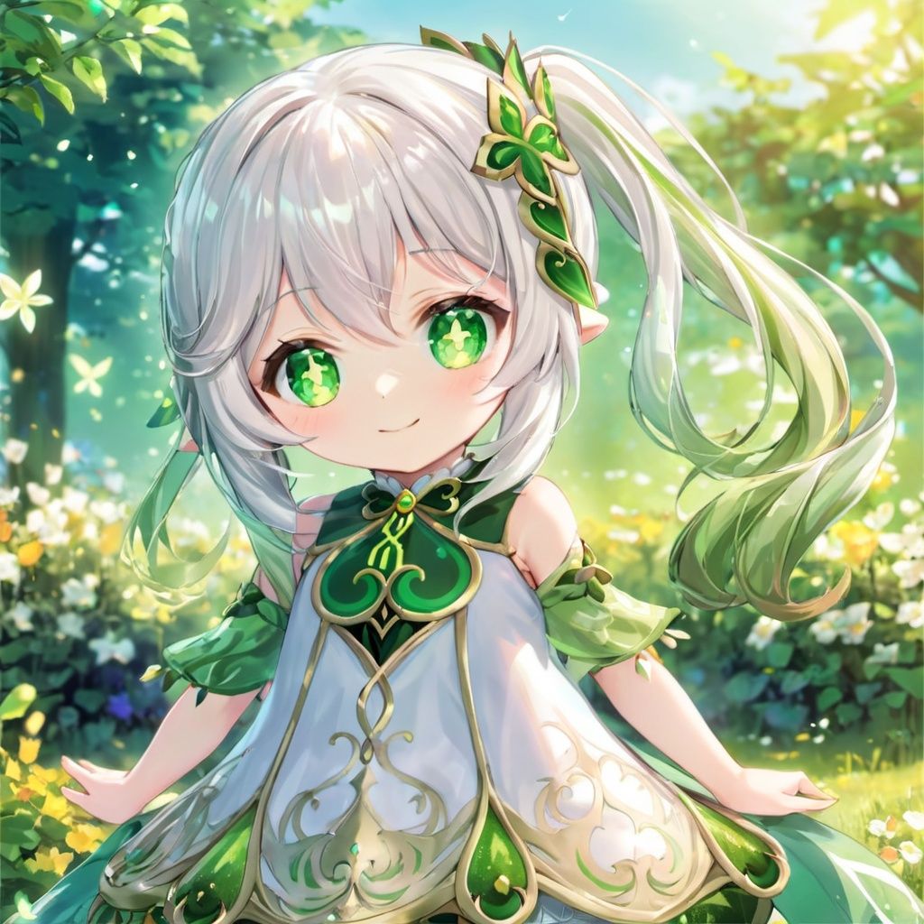 (\na ** tan\),1girl, solo, dress, smile, looking at viewer, gradient hair, white dress, cross-shaped pupils, long hair, outdoors, white hair, green hair, 