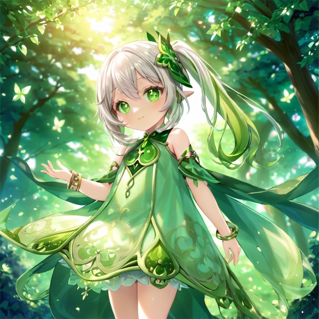 (\na ** tan\),1girl, solo, dress, smile, looking at viewer, gradient hair, white dress, cross-shaped pupils, long hair, outdoors, white hair, green hair, tree, bracelet, jewelry, nature, closed mouth, green cape, sleeveless, detached sleeves, sleeveless dress, leaf hair ornament, bare shoulders, cape, sidelocks, forest, hand up, standing, white bloomers