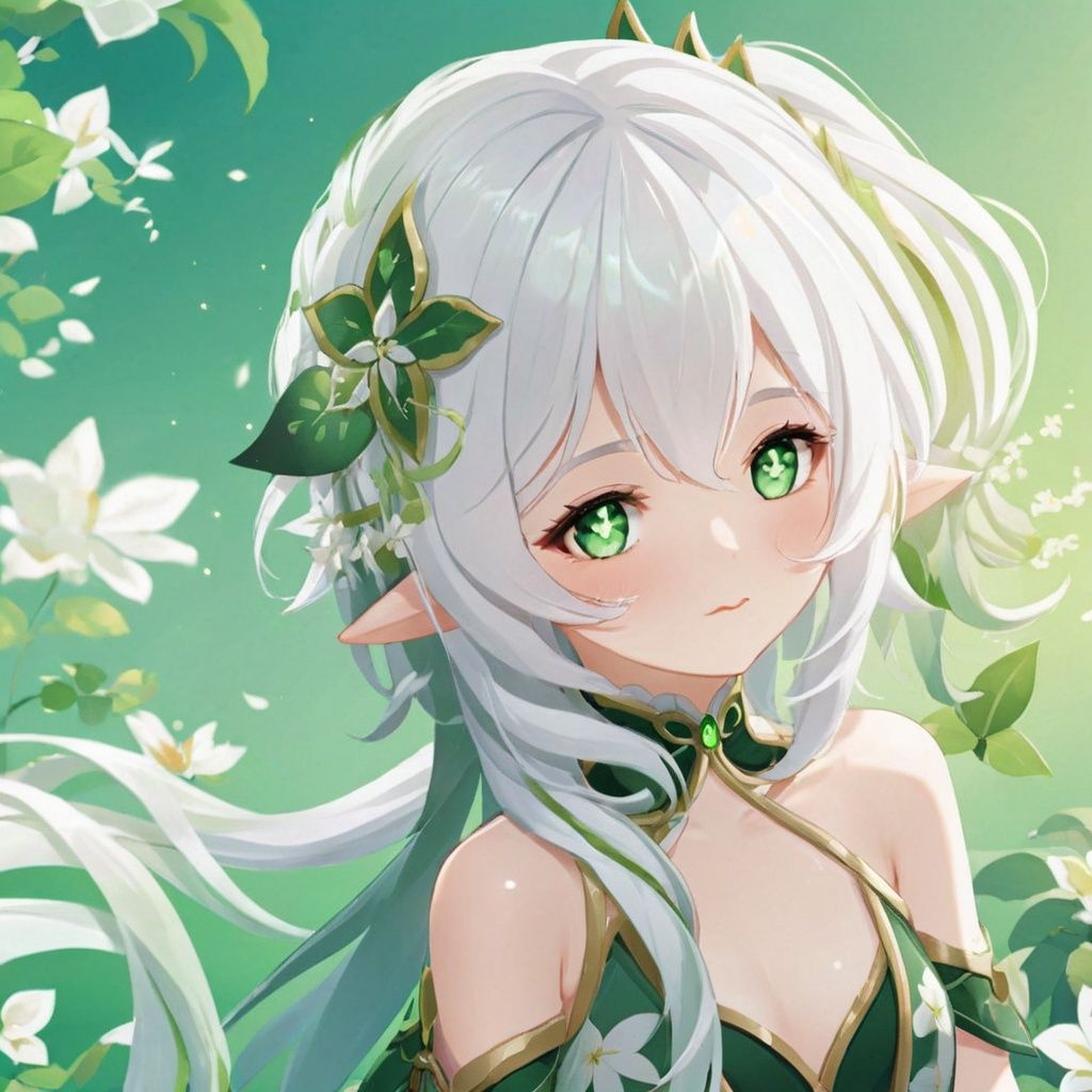 1girl, high and light, grainy, indifferent, hazy, floral, hazy, gentle, erotic,trendy,best quality,(\na ** tan\),white hair, green hair, (realistic:1.5),