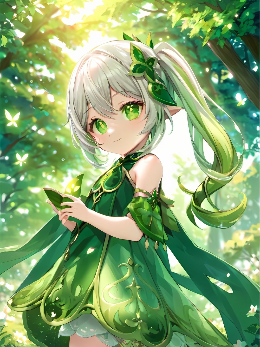 (\na ** tan\),1girl, solo, dress, smile, looking at viewer, gradient hair, white dress, cross-shaped pupils, long hair, outdoors, white hair, green hair, tree, bracelet, jewelry, nature, closed mouth, green cape, sleeveless, detached sleeves, sleeveless dress, leaf hair ornament, bare shoulders, cape, sidelocks, forest, hand up, standing, white bloomers
