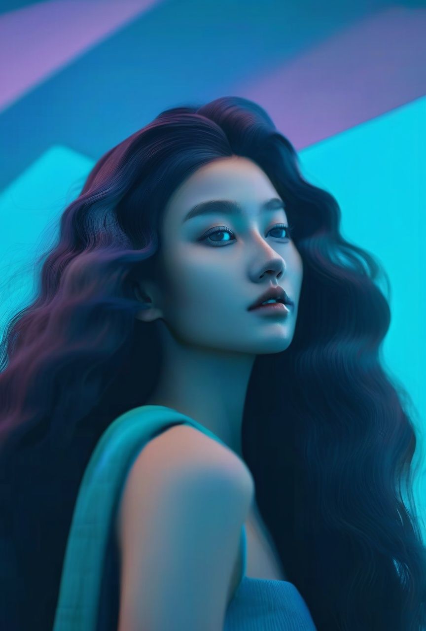 zhangzhenren,textured skin,Masterpiece,realistic,best quality,(masterpiece:1),(highest quality:1.12),(HDR:1),a girl with long hair looking at viewer,with a teal background and a indigo sky,constant,vaporwave colors,a character portrait,synchronization,detailed,realistic,8k uhd,high quality,