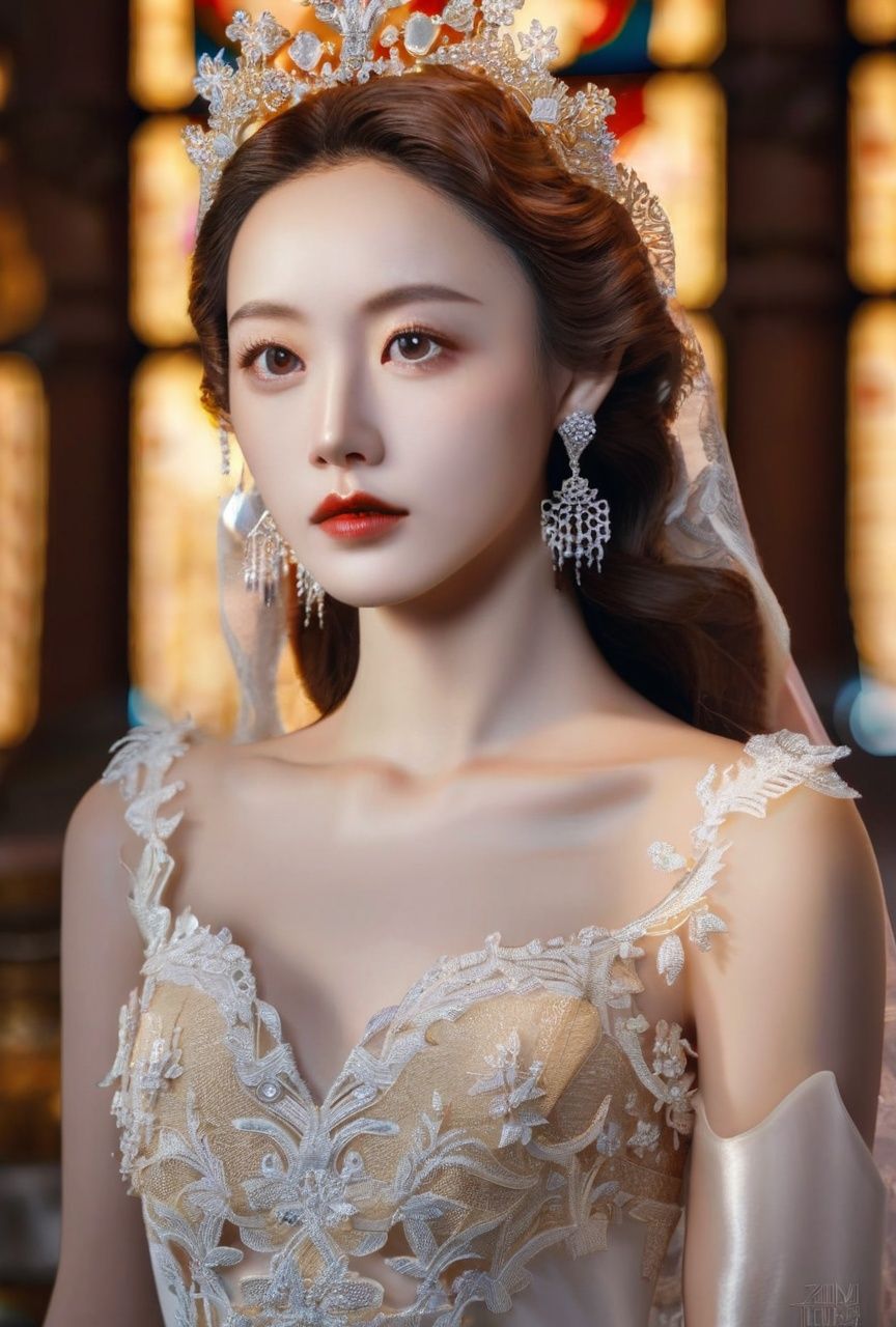 zhangzhenren,textured skin,Masterpiece,realistic,best quality,1girl,(mature female:0.5),tall body,golden proportions,(Kpop idol),(shiny skin:1.2),(oil skin:1.1),makeup,(close up),(church background),depth of field,(closed mouth:0.5),((long wavy brown hair)),(puffy eyes),(eyelashes:1.1),(parted lips:1.1),red lipstick,fantasy art style,dreamy light,(lace wedding dress:1.2),full body,(dreamy veil:1.1),(dusk:1.2),princess shoes,(diamond necklace),(crystal hairpin),tyndall effect,highres,