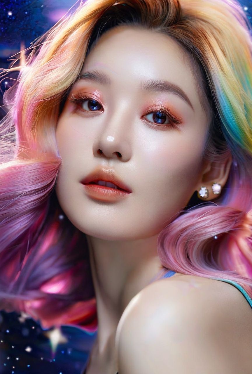 zhangzhenren,(((textured skin))),Masterpiece,realistic,best quality,1 girl, beautiful face, pink lips, (seductive), backlight, starry sky, earrings, floating_hair, jewelry, multicolored_hair, streaked_hair