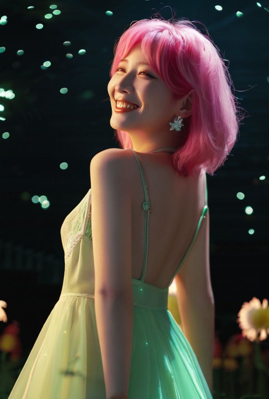 zhangzhenren,Masterpiece,realistic,best quality,masterpiece,best quality,1girl,light green dress,pink hair,pelvic curtain,blusher,laugh easily,<lora:KamaPurpleDress0904:1>,in summer,night,glowworm,light dark contrast,(film particles:1.2),