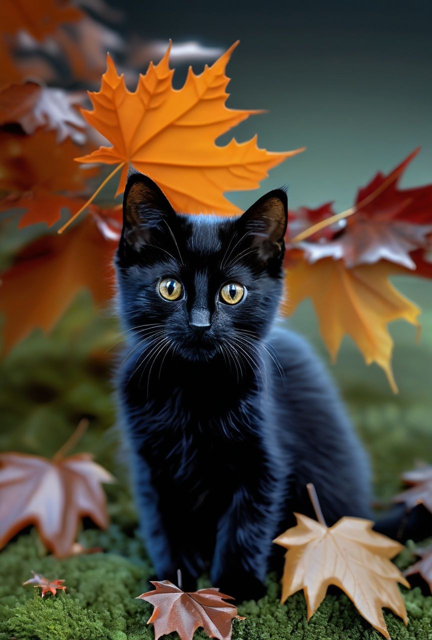 zhangzhenren,textured skin,Masterpiece,realistic,In autumn, on a withered grass with fallen maple leaves, a black kitten gazes at the camera