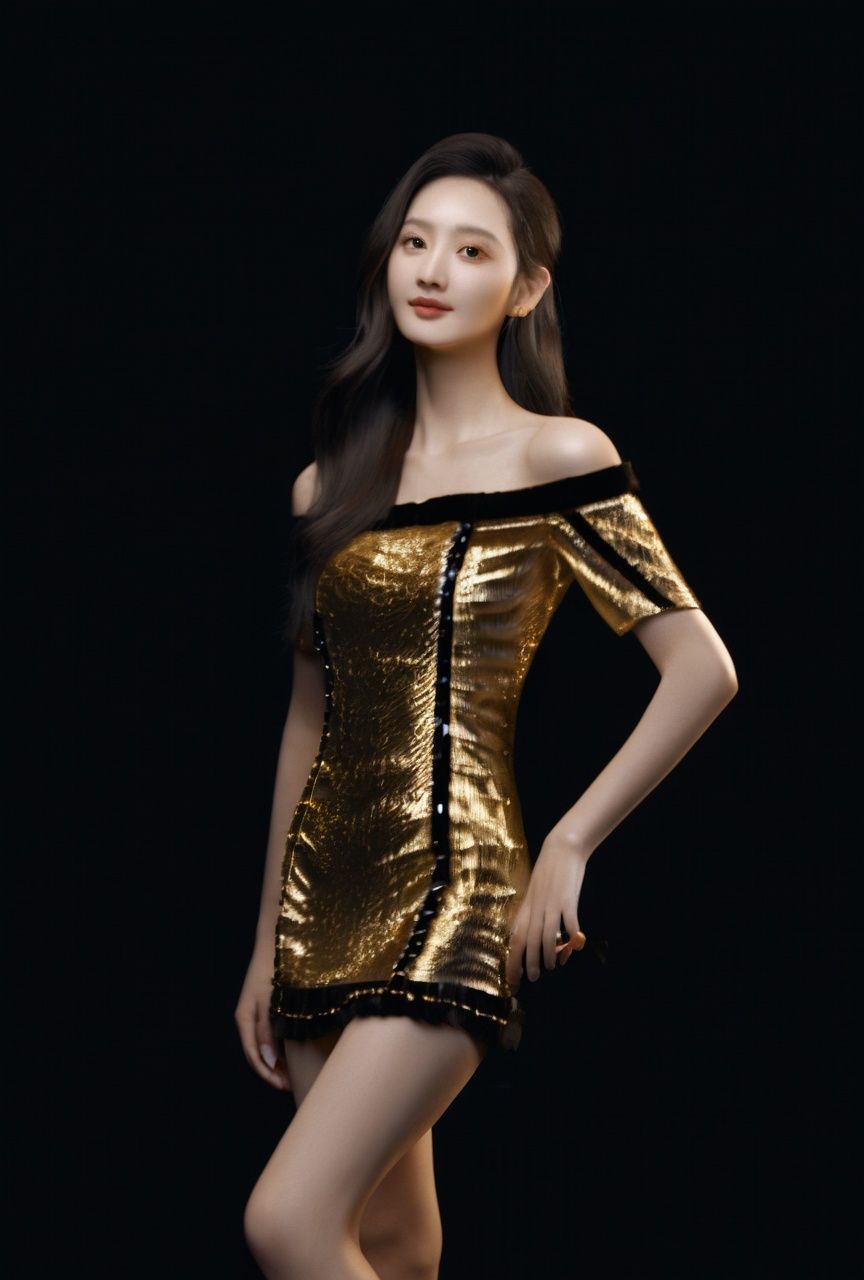 zhangzhenren,(((textured skin))),Masterpiece,realistic,1girl,glittering gold mini dress with a off-the-shoulder top,long hair,full body,standing,(Pure black background:1.1),professional photograph,8k,reality,