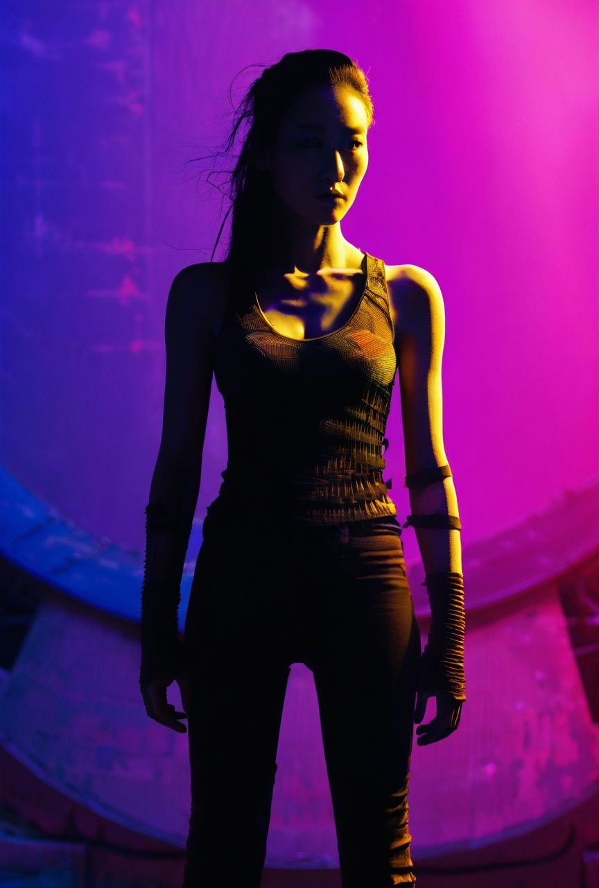 zhangzhenren,(((textured skin))),Masterpiece,realistic,1girl,A figure,silhouetted against the vibrant,toxic glow of an industrial wasteland,stands defiant. The stark contrast between the figure and the vivid,threatening environment delivers a strong visual impact.,