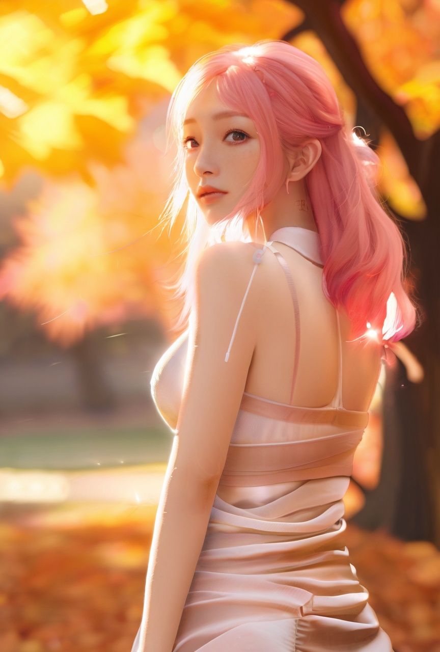 zhangzhenren,Masterpiece,realistic,best quality,1girl,ginger dress,pink hair,pelvic curtain,maple_leaf,in autumn,warm-toned,the sun shines through the shade,blusher,medium breasts,cool expression,looking towards the camera,