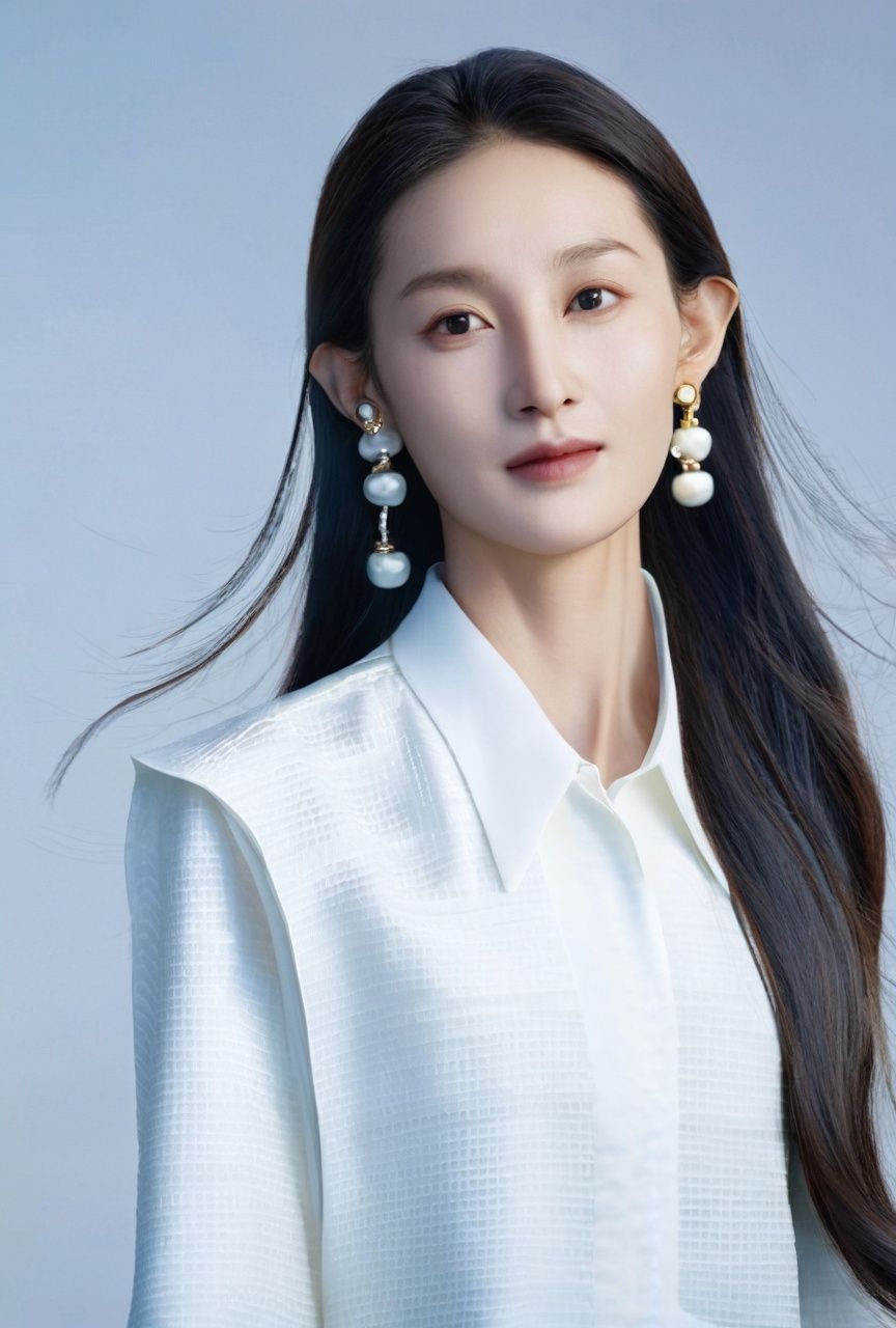 zhangzhenren,(((textured skin))),Masterpiece,realistic,a woman with long hair wearing a white shirt and a pair of earrings on her neck and shoulder,with a white background,