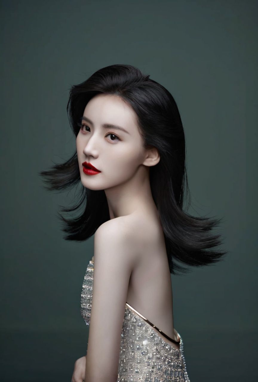 zhangzhenren,textured skin,Masterpiece,realistic,1girl,blackhair,facingfront,facingviewer,masterpiece,Shiningdress,fullbody,makeup,redlips,closedmouth,sharpfocus,studiolight,(dynamicpose:1.2),detailedshadows,bestquality,unity8kwallpaper,perfecthands,