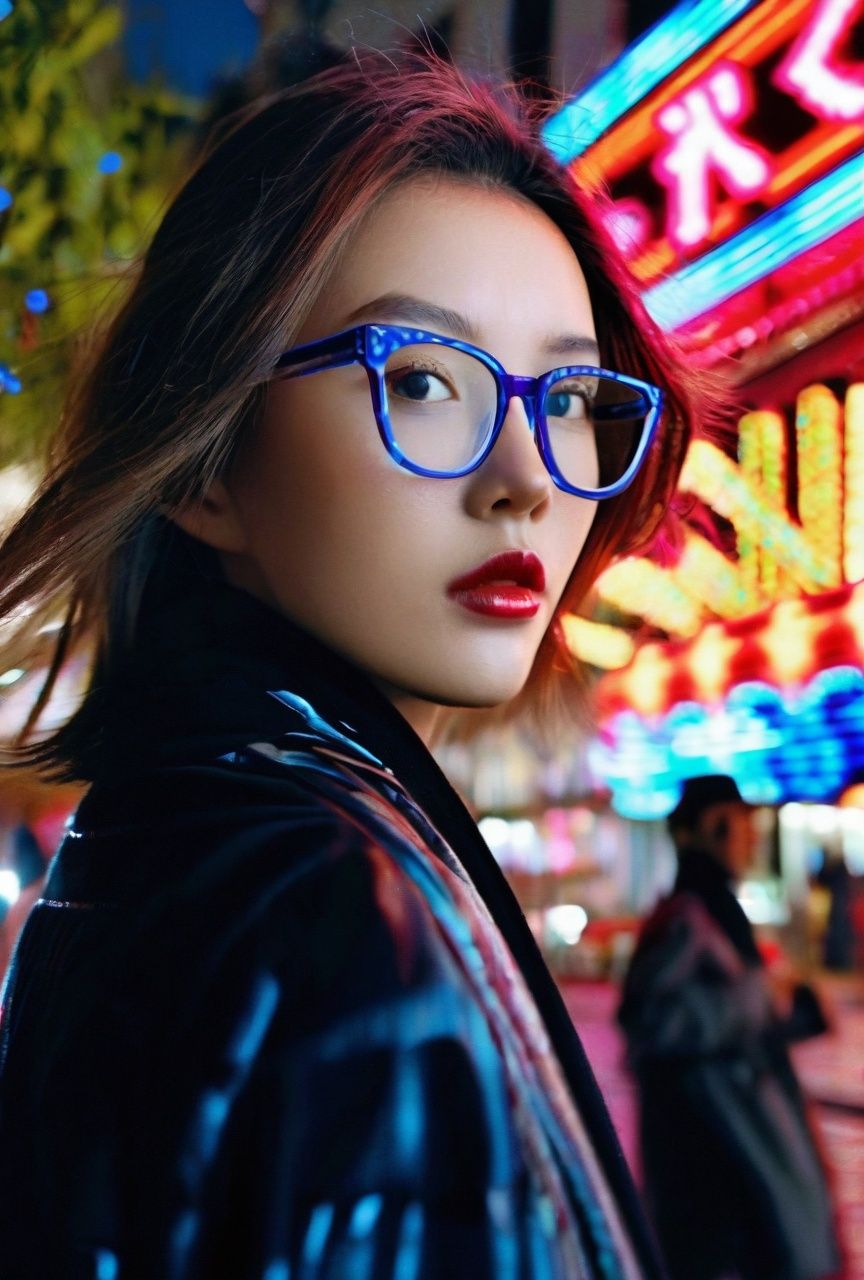 zhangzhenren,1girl,best quality,In the photo,a beautiful girl wearing glasses in fashionable clothes stands on the streets of Paris,surrounded by dazzling neon lights and bustling streets. Her eyes are deep,as if exploring the secrets of this future world. The composition and lighting of the photo reveal the style of Annie Leibovitz,using carefully designed lighting and deep depth of field to present a dramatic and tense visual effect.,