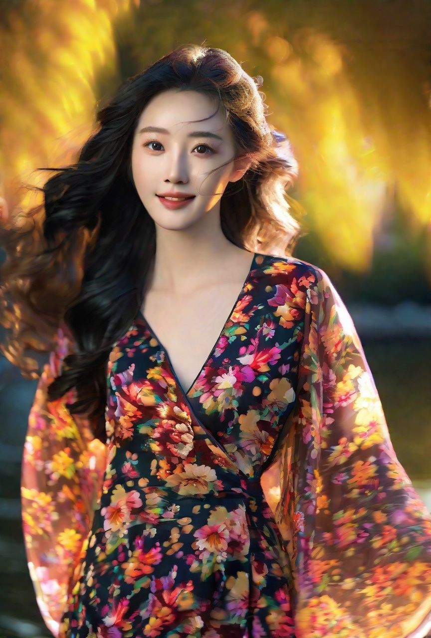zhangzhenren,realistic,photorealistic,masterpiece,best quality,dark shot,(photo of portrait:1.2),cowbody shot,1girl,(white hair:1.3),long curly hair,solo,(smile:0.8),looking at viewer,long black hair,([:see-through:4]:1.2) (colorful:1.2) cns_dress,(floral print:1.2),standing by a river,dynamic pose,(shanghai:1.2),water,colorful cloud,incredible beautiful sky,netural lighting,dynamic Angle,neon,Backlit,bokeh,Chiaroscuro,(freckles:0.9),