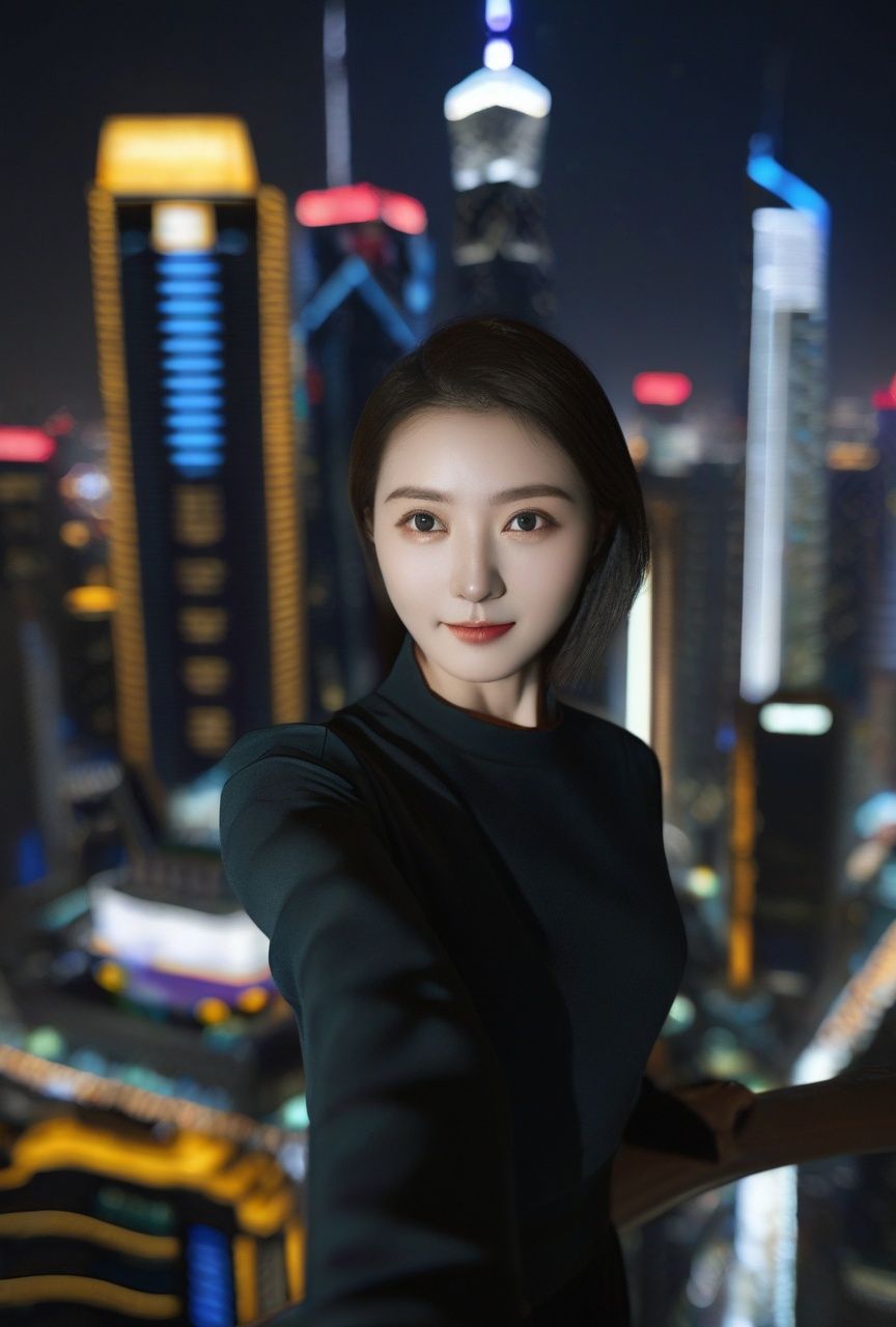 zhangzhenren,(((textured skin))),Masterpiece,realistic,(masterpiece,best quality,ultra high res,photorealistic,realistic,raw photo,real person,photograph),(amazing,finely detail,an extremely delicate and beautiful,sharp focus),1girl,solo,full body,moyou making extreme selfie on skyscraper,bird's eye view,from above,night,dark theme,